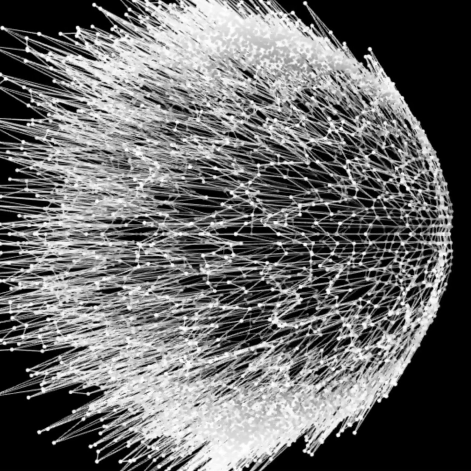 Burst of white particles radiating from a point, generated in TouchDesigner.