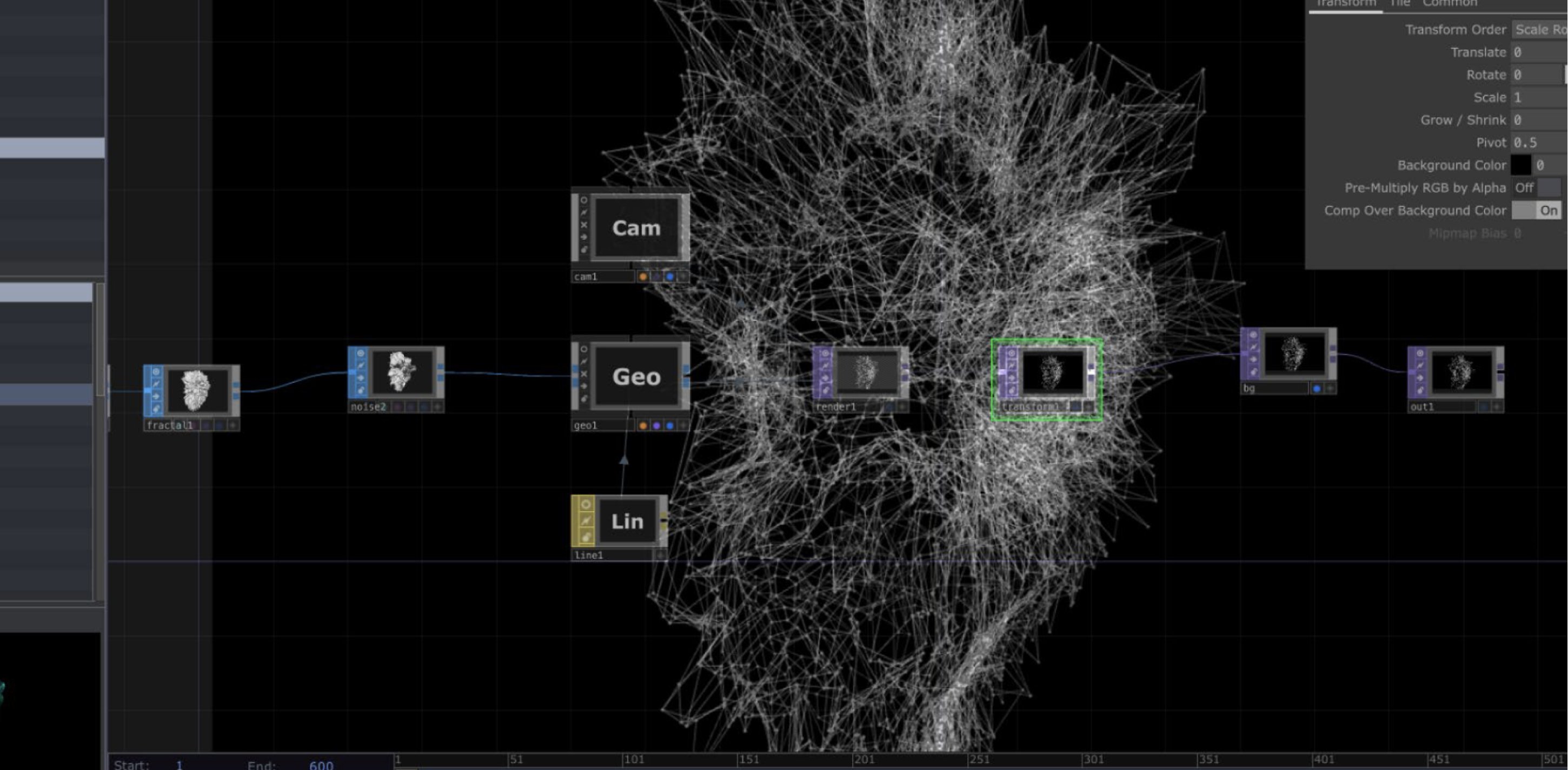 TouchDesigner node graph generating a dense point cloud of particles.
