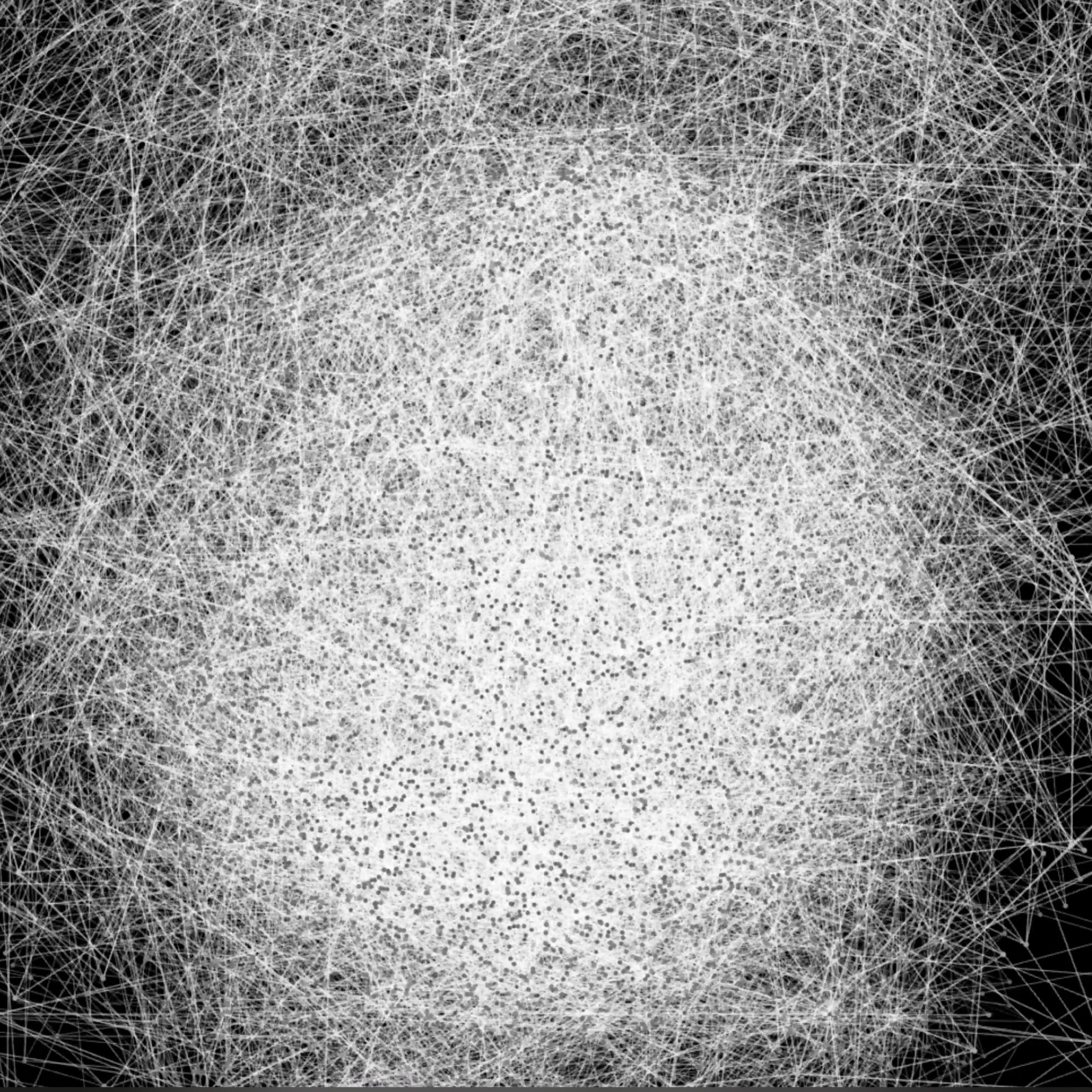 Generative mesh of white lines forming a glowing sphere on black.
