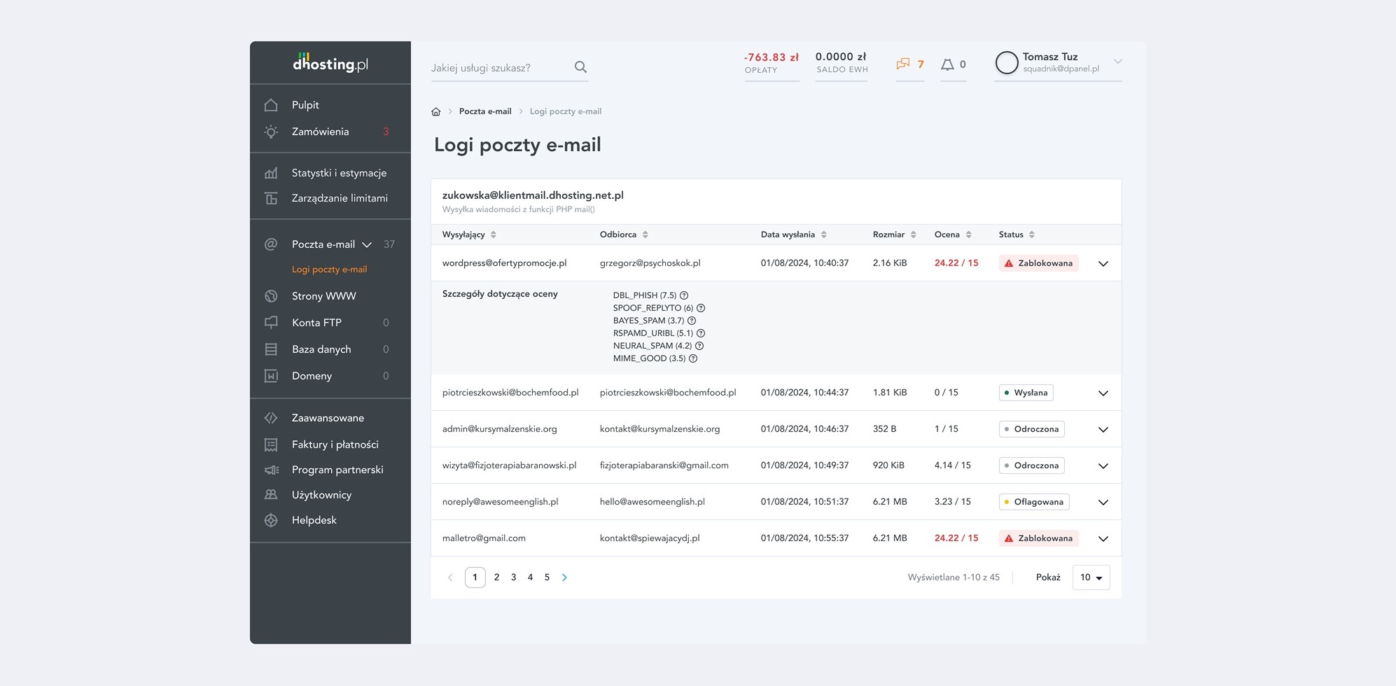 Email delivery logs view in the dhosting panel showing per-message status and diagnostics.