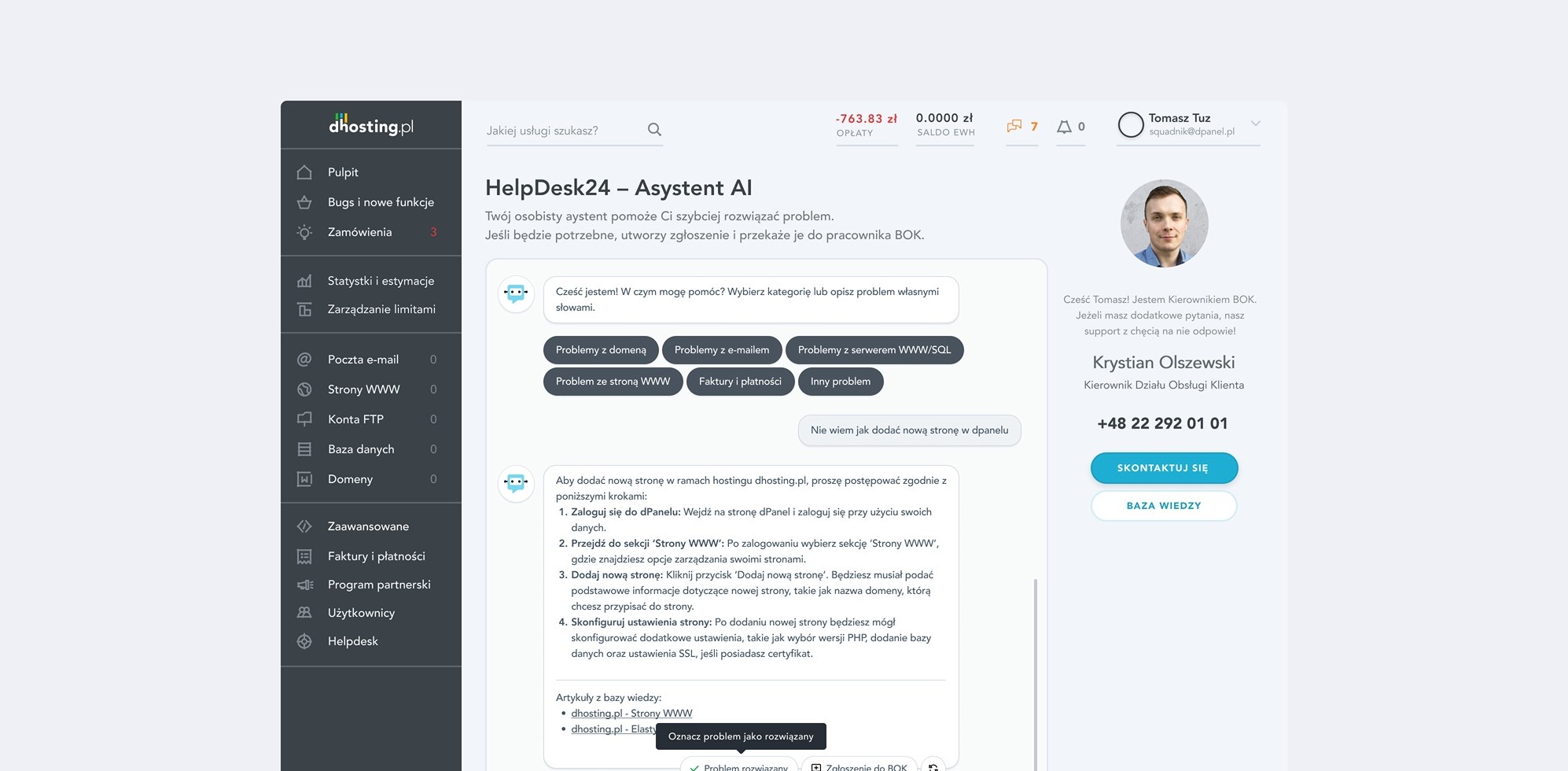 HelpDesk24 AI assistant inside the dhosting panel, offering problem categories and an escalation path to support.