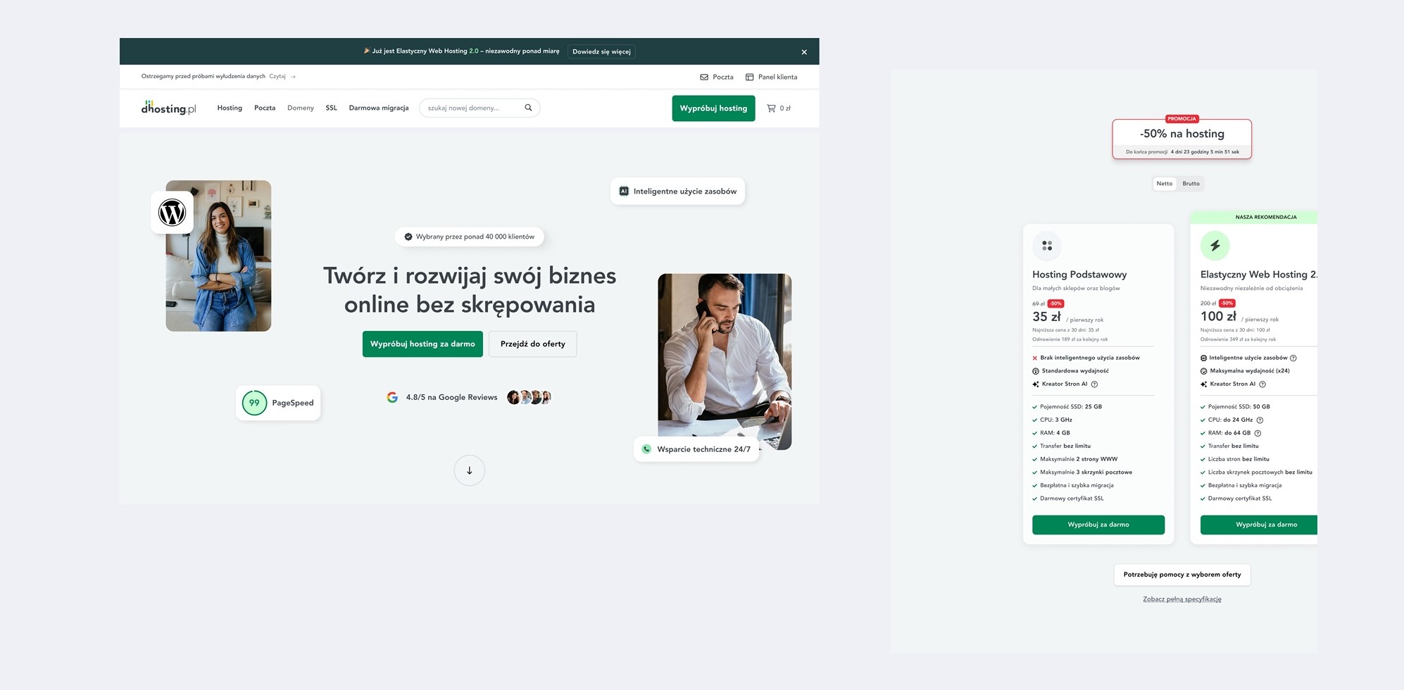 dhosting.pl homepage leading with a plain-language promise and a focused two-plan comparison.