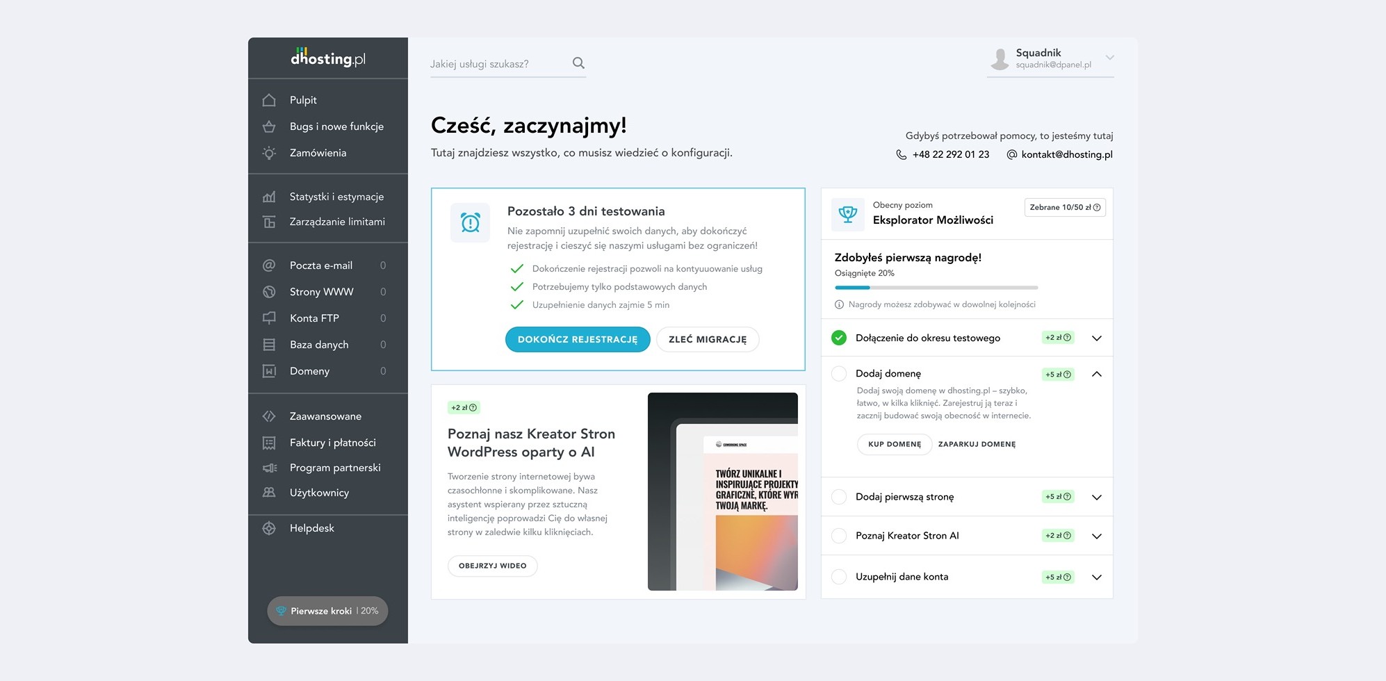 dhosting panel onboarding dashboard with a guided first-steps checklist and a trial reminder.
