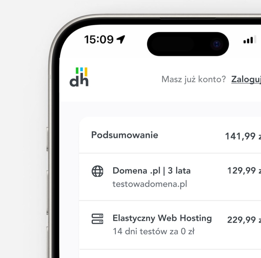 Mobile order summary showing a domain and an Elastyczny Web Hosting trial.