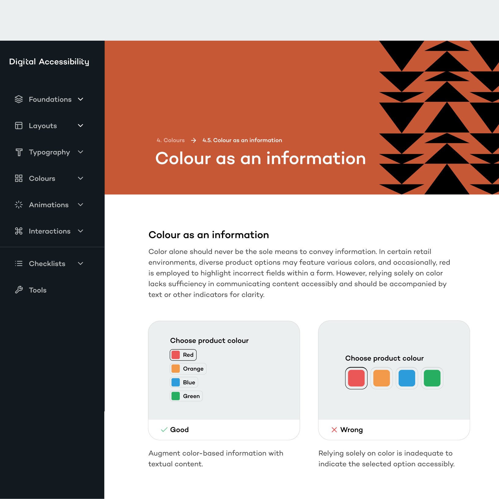 Guideline page showing why color alone should never carry information, with good and bad examples.