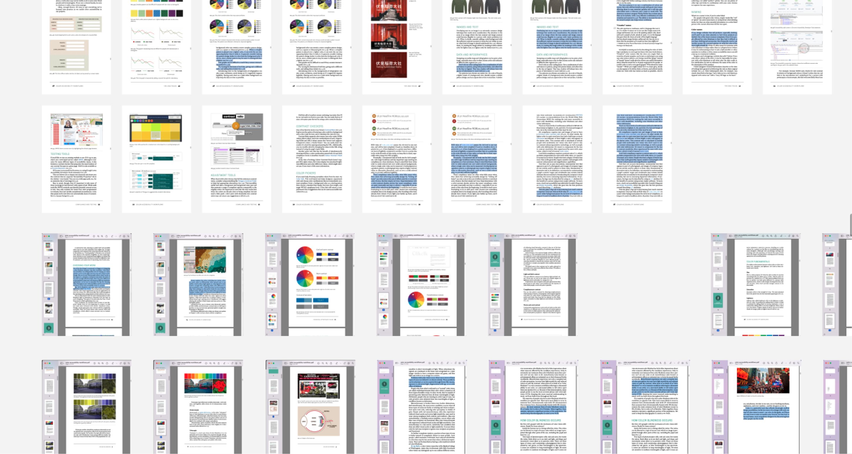 Wall of collected research pages and reference articles on disability and inclusive design.