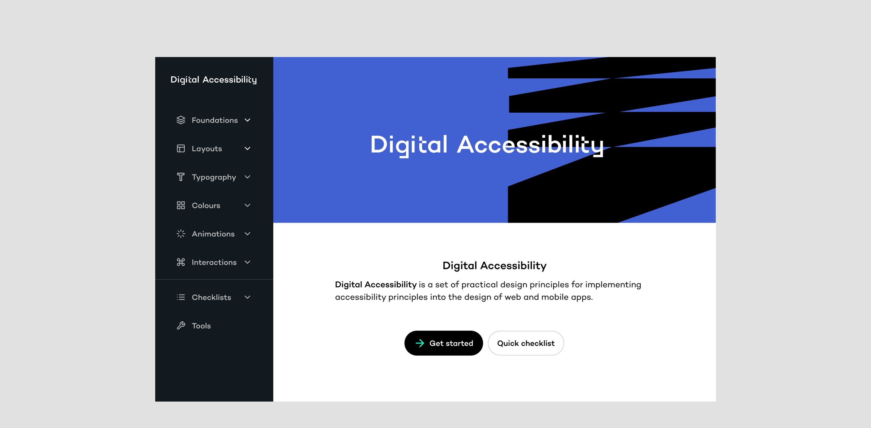 Landing screen of the Digital Accessibility resource with a "Get started" and "Quick checklist" call to action.