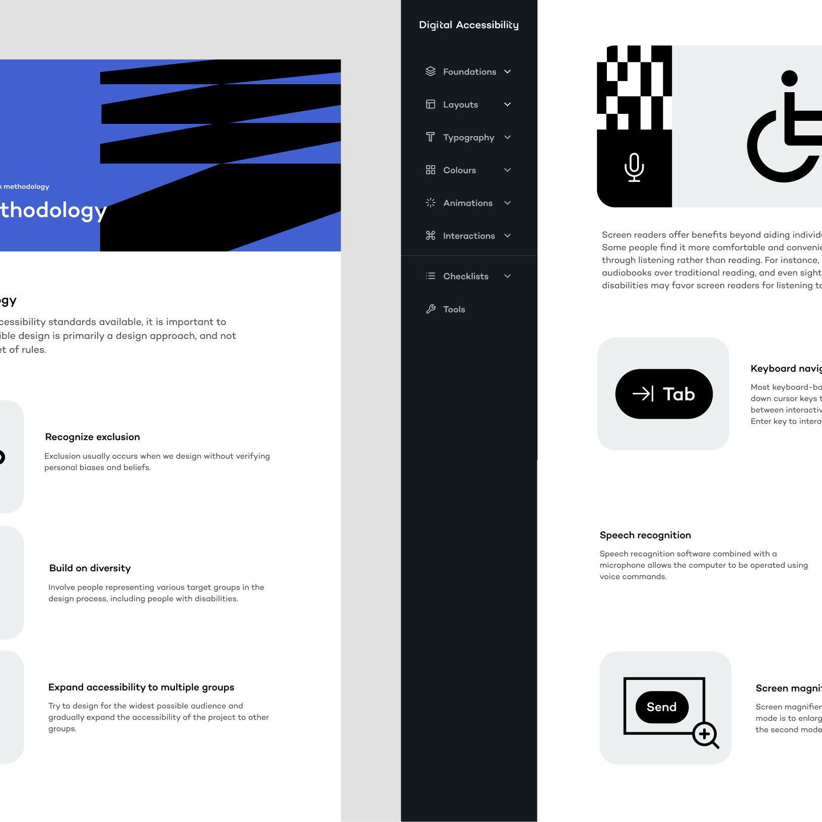 Design-methodology page pairing guidance text with focus-state and voice-input examples.