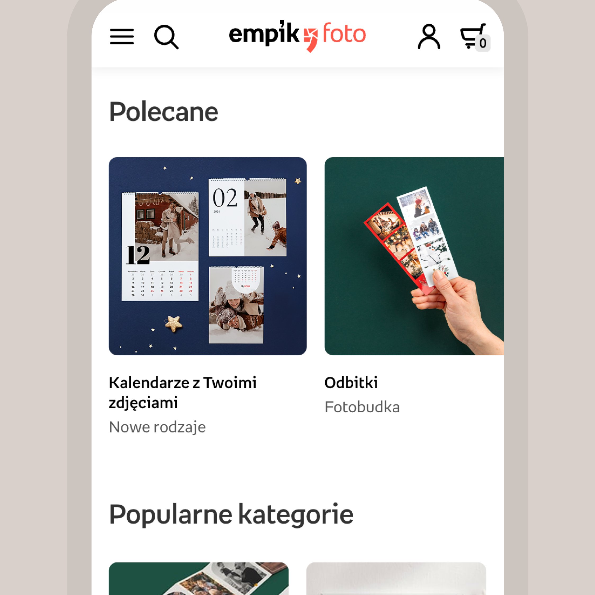 Redesigned mobile homepage with featured products and popular categories.