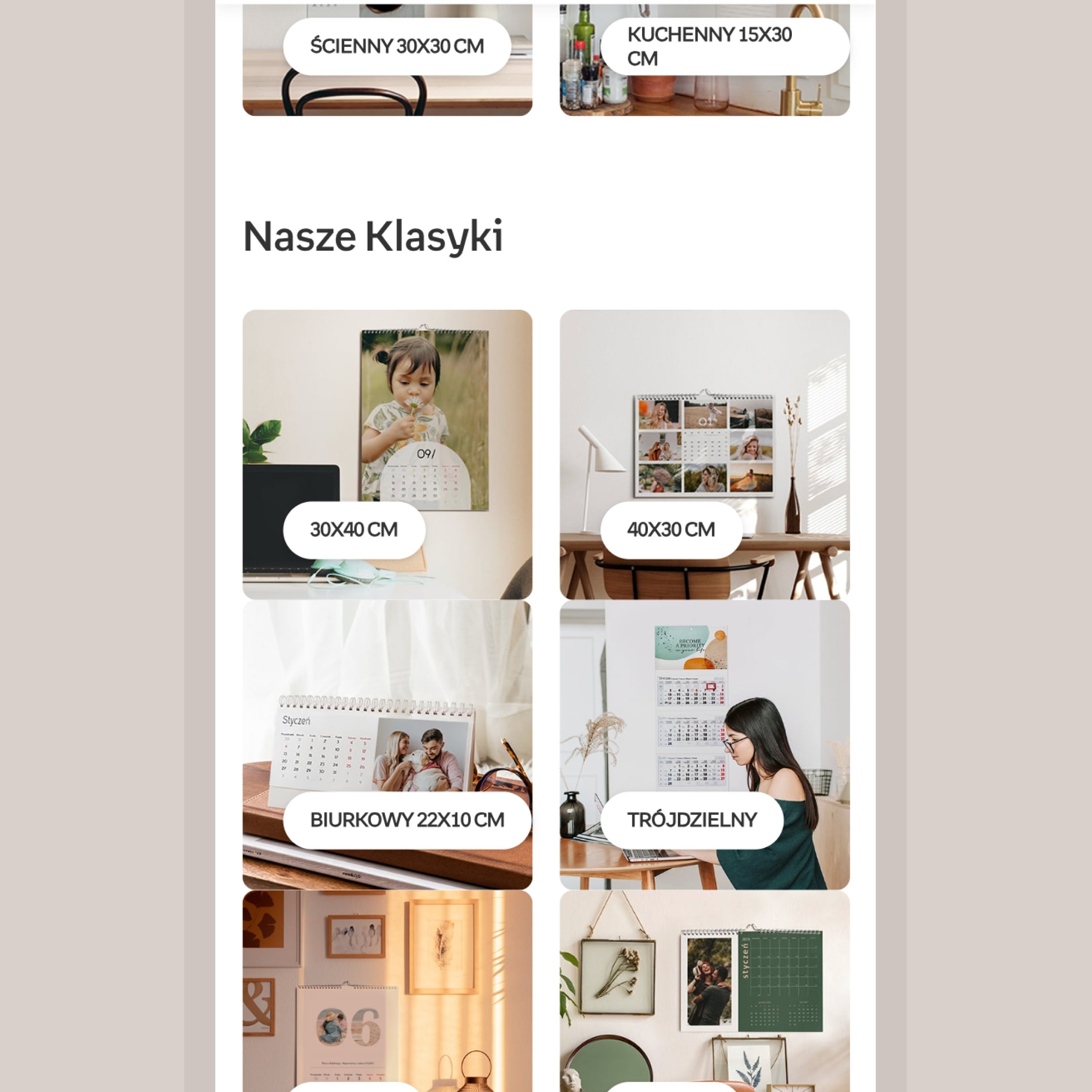 Mobile browsing screen showing classic photo-product formats.