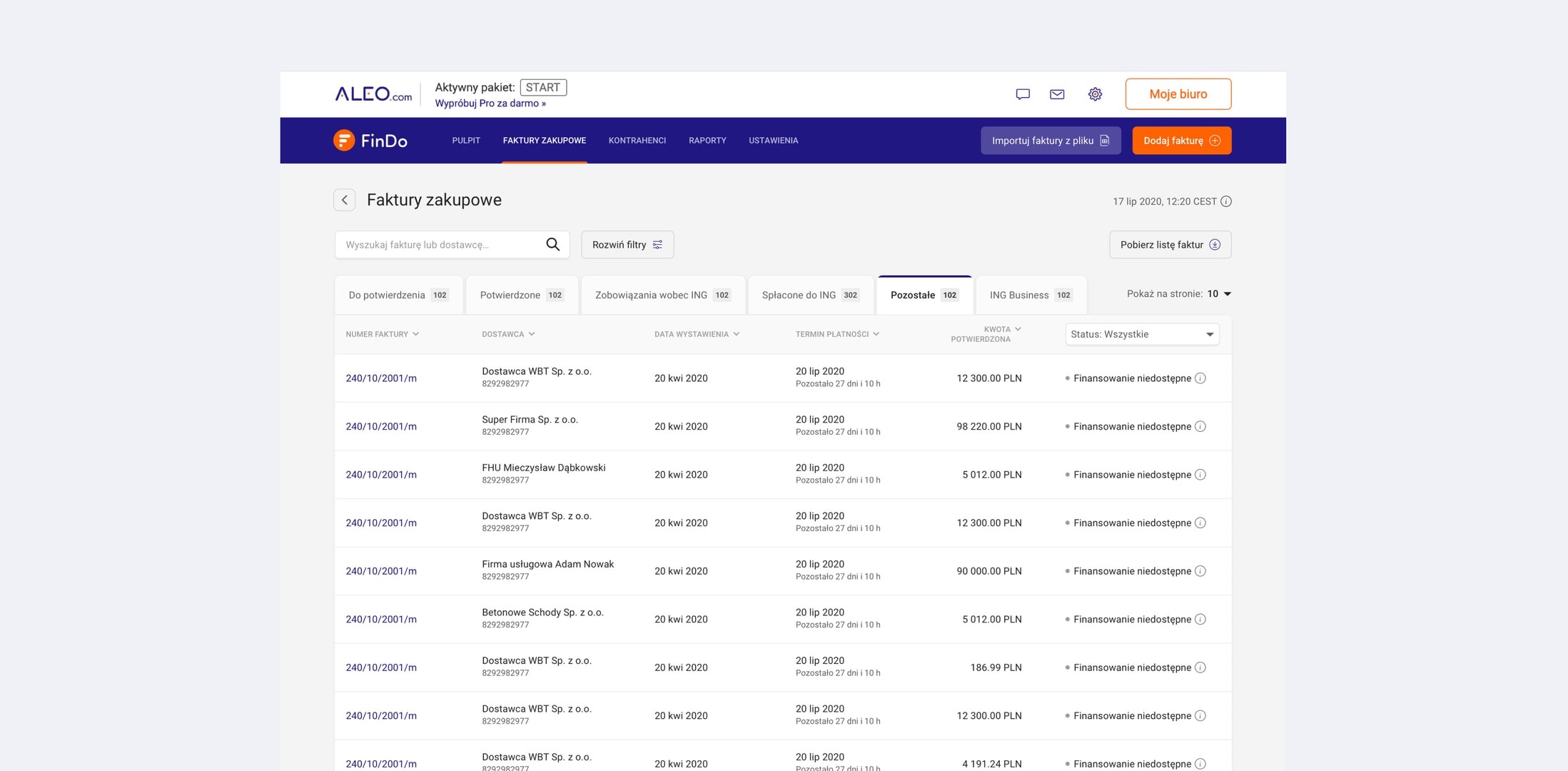 ING FinDo purchase invoices interface with filtering and payment status.
