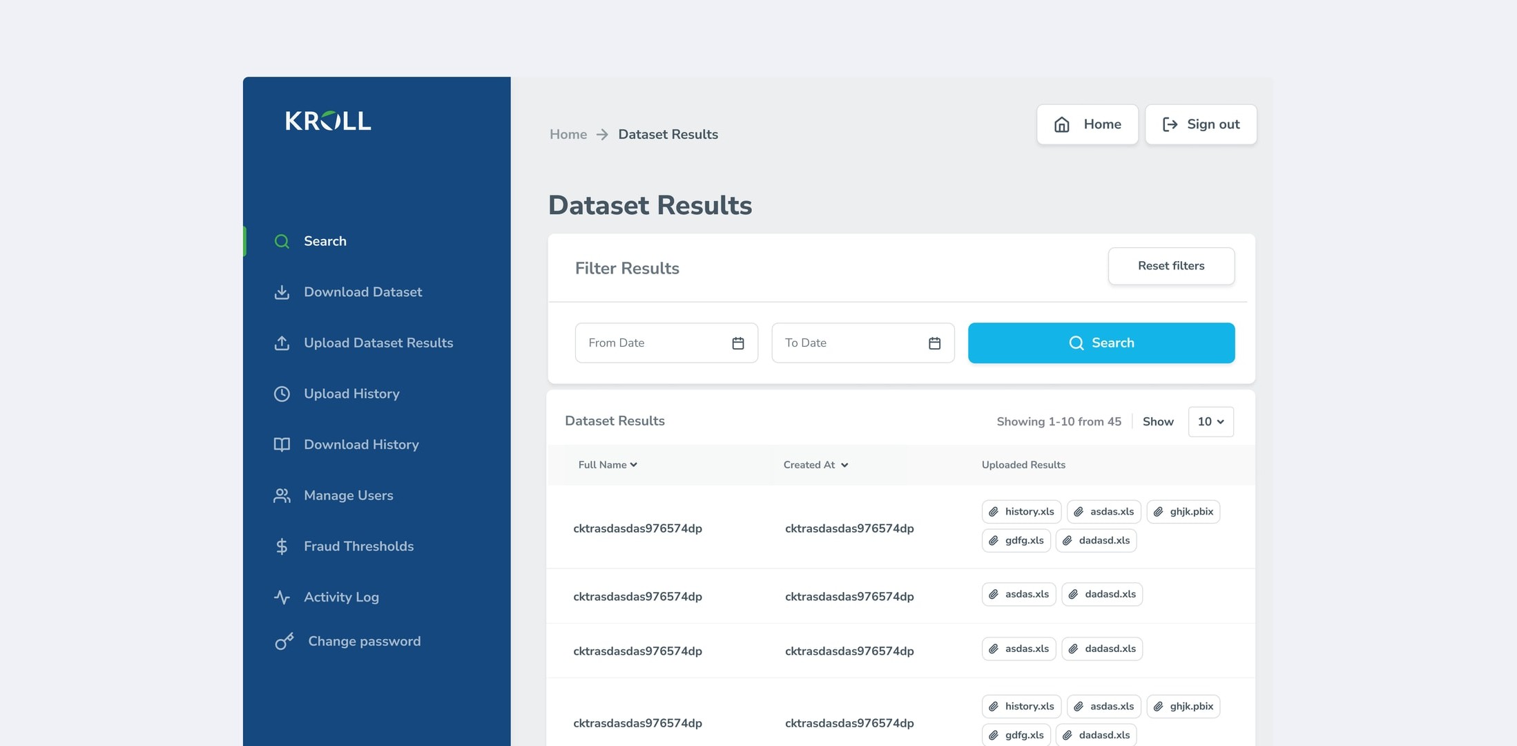 Kroll dataset results screen with filters and uploaded result files.