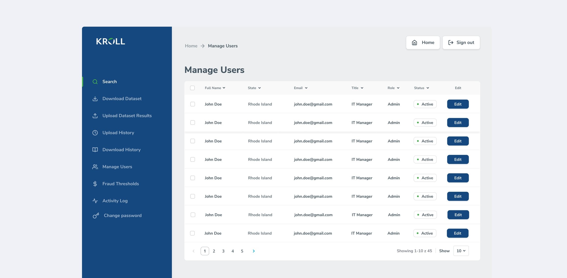 Kroll administration screen for managing user accounts and roles.