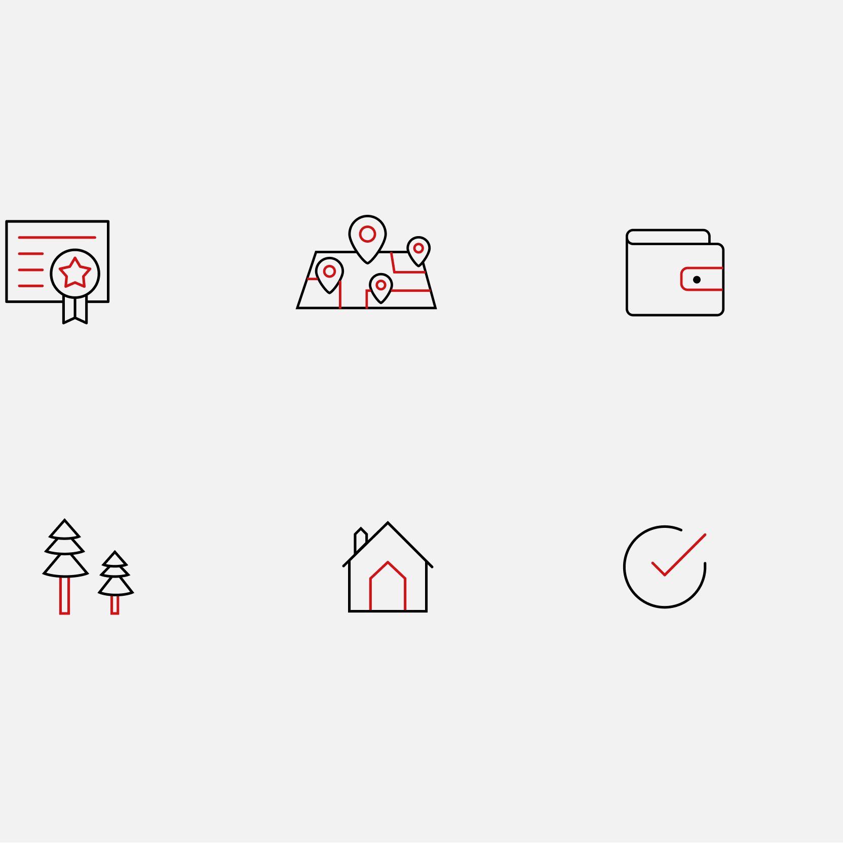Icon set covering contracts, locations, financing, and house features.