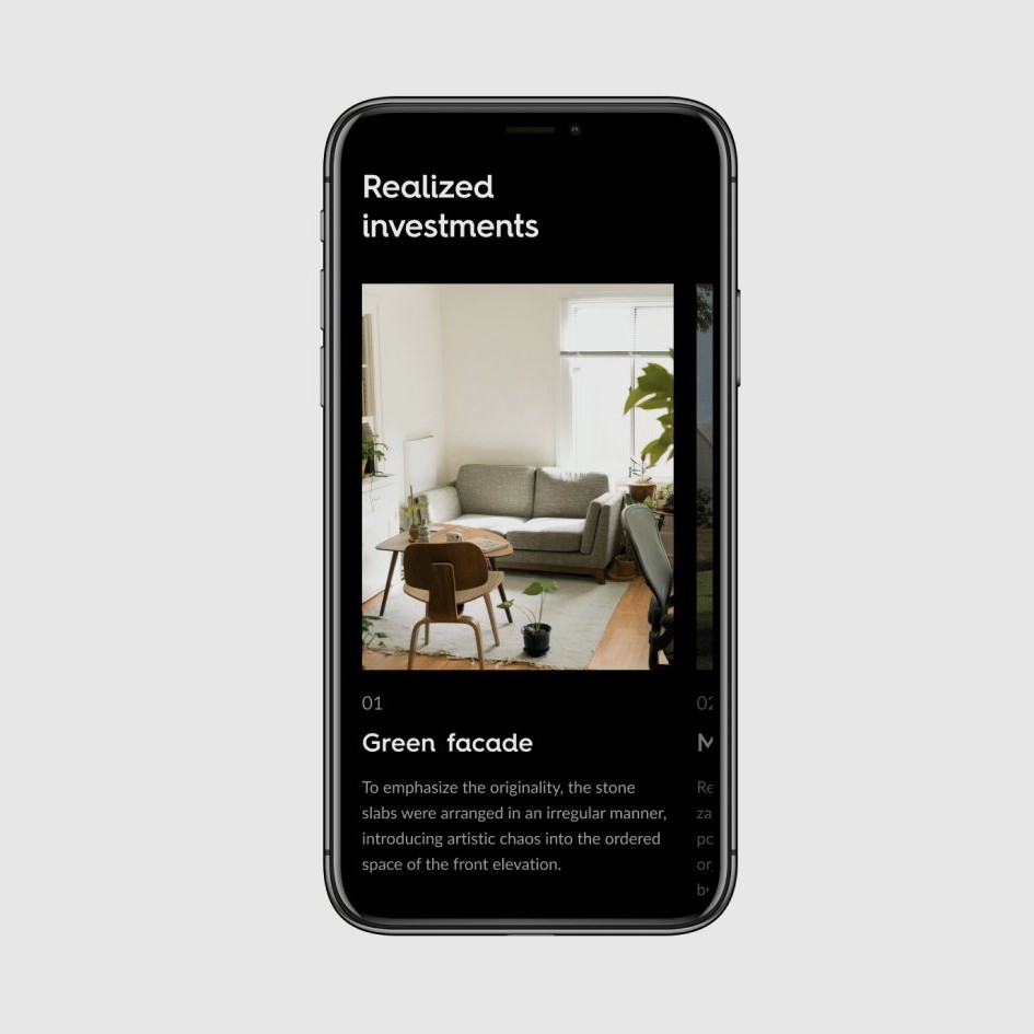 Mobile view of a realized investment with a green facade note.