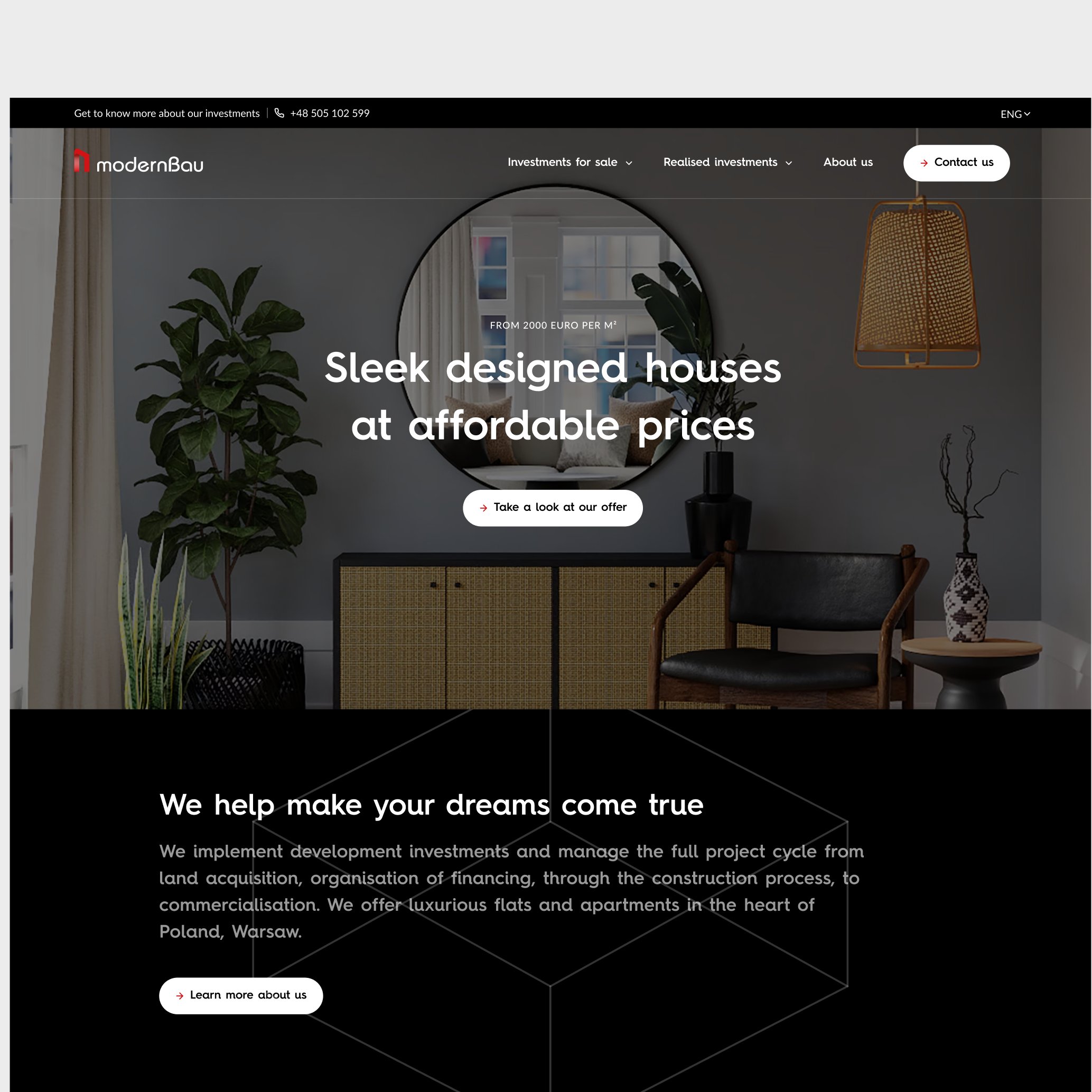 Homepage promising sleek designed houses at affordable prices, over an interior photo.