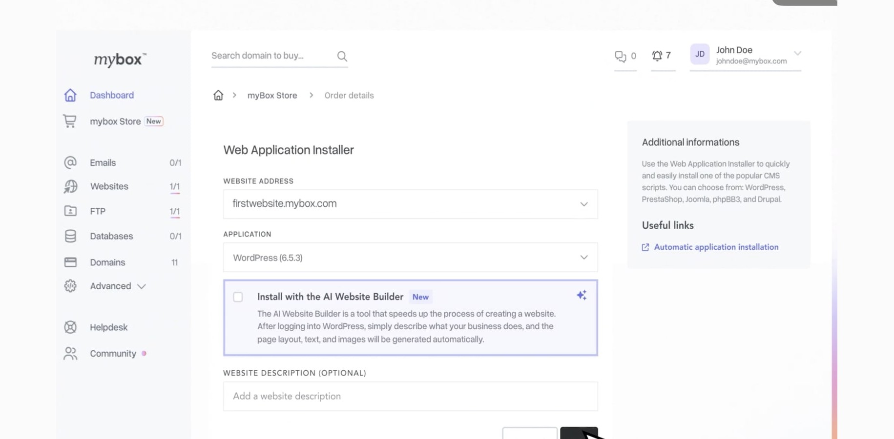 Web application installer includes an optional AI website-builder flow.