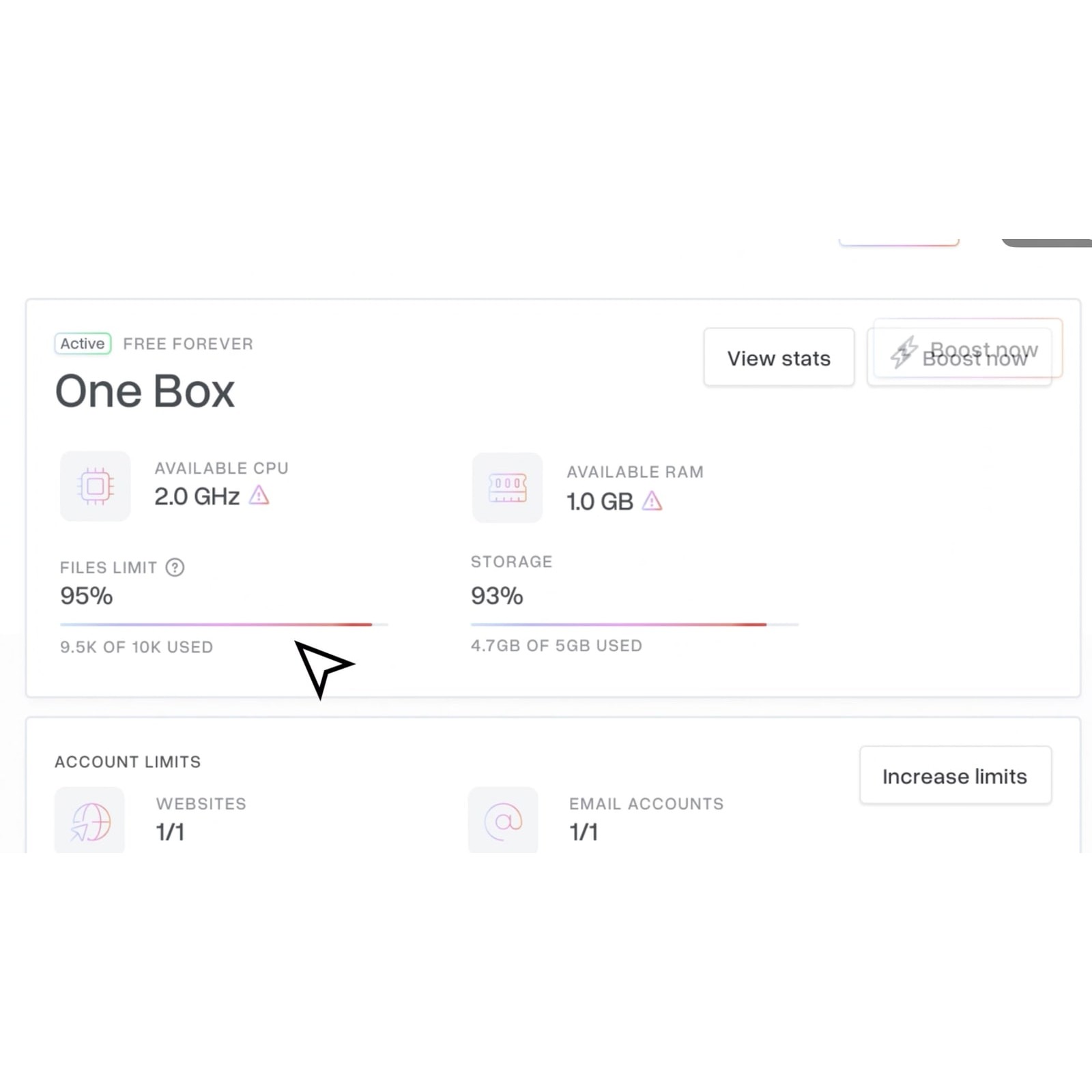 Dashboard highlights account capacity and a clear way to increase limits.