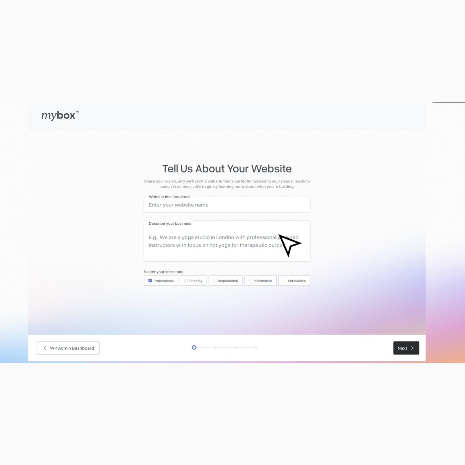 mybox onboarding asks people to describe the website they want to make.