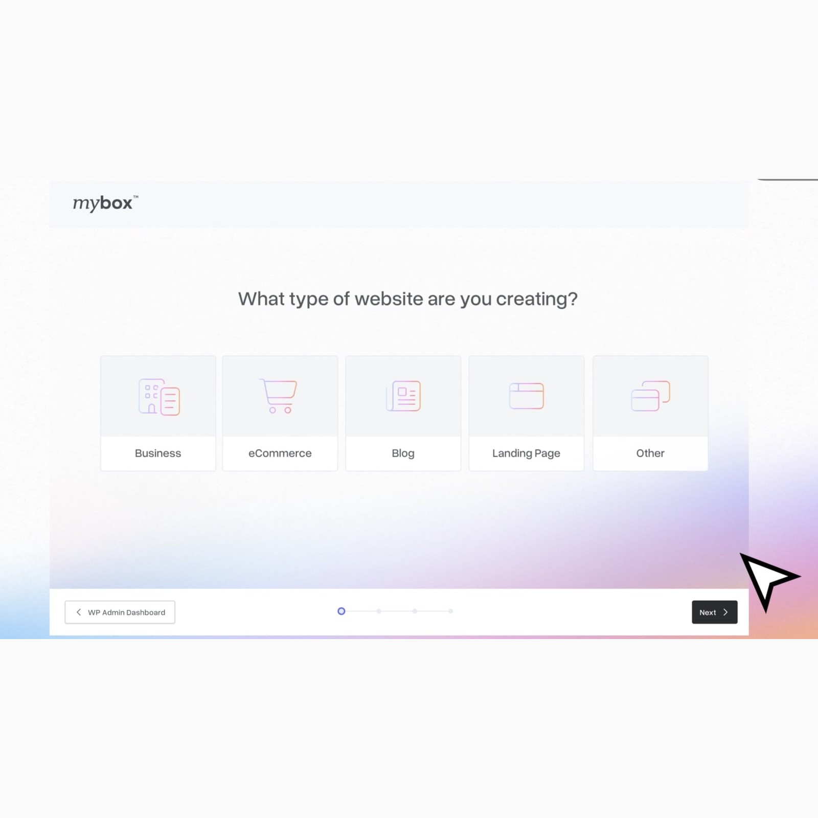 mybox onboarding lets people choose a website type in one clear step.