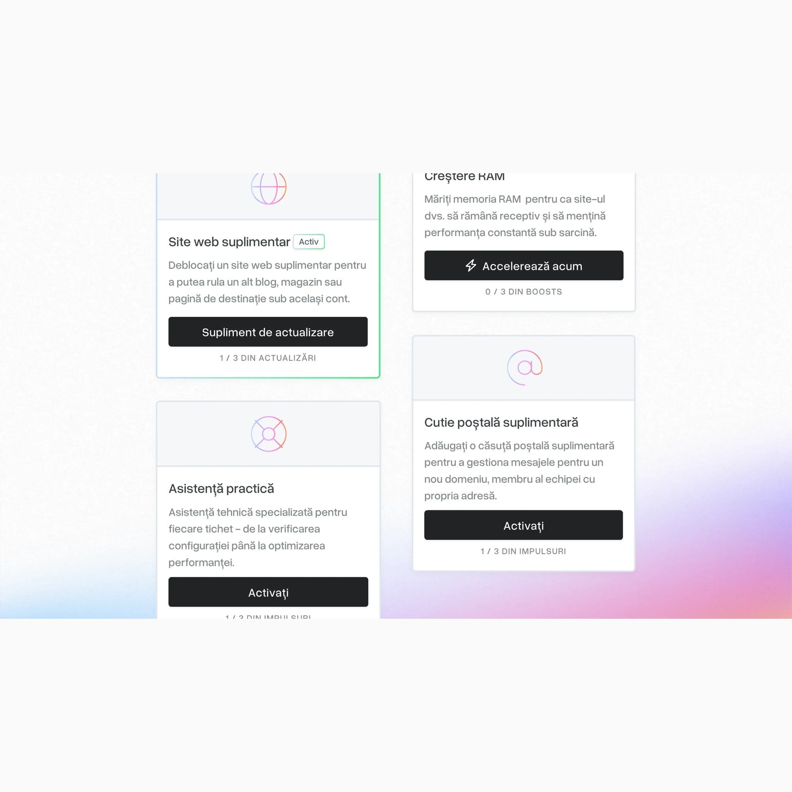 Grid of mybox add-on cards with calm gradient accents.