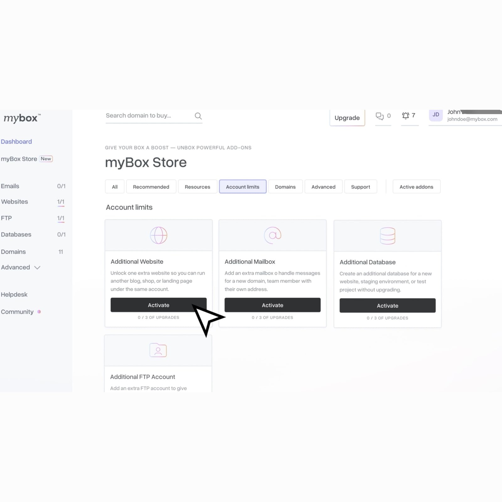 mybox Store shows available website, email, and database add-ons.