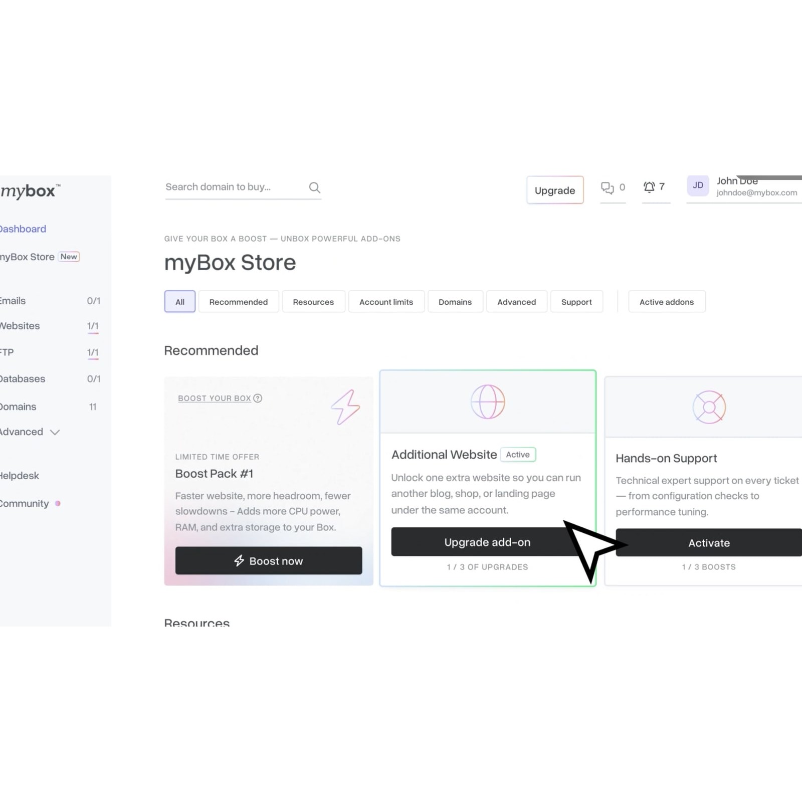 mybox Store recommends add-ons alongside a Boost Pack.
