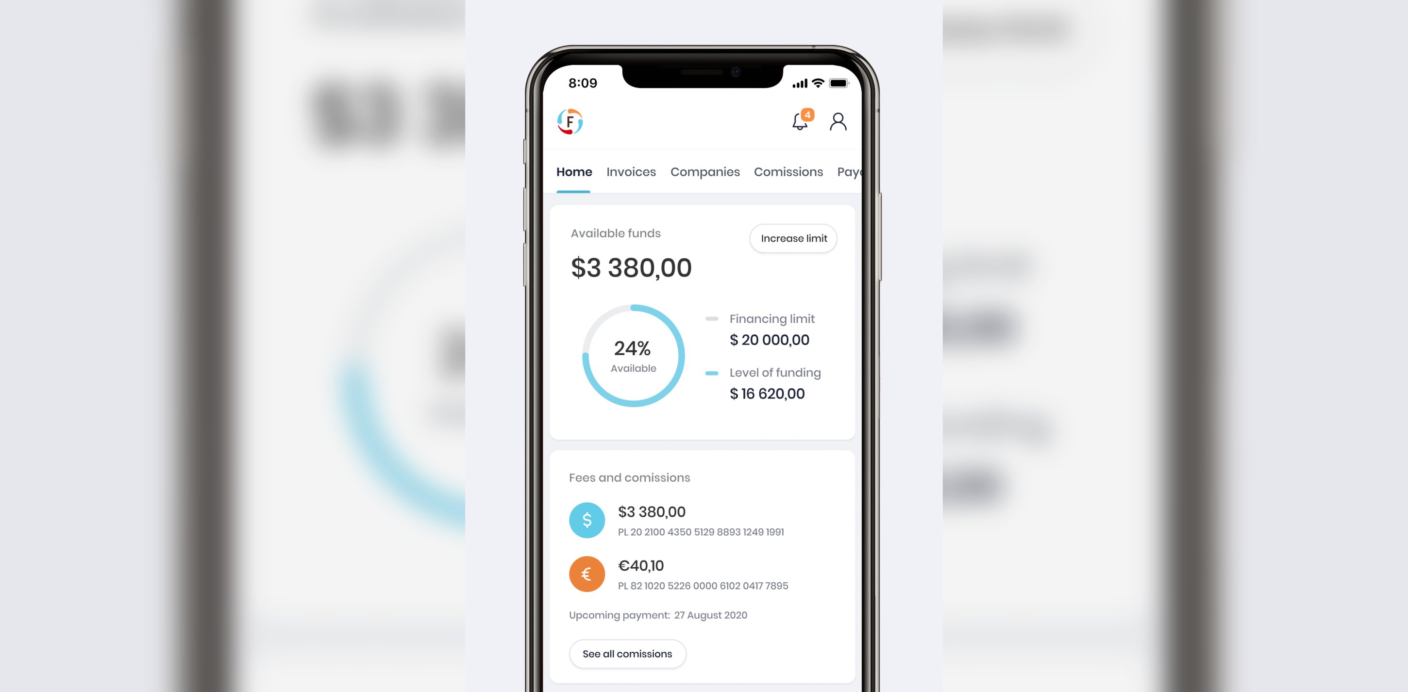 Mobile dashboard with available funds, financing limit, and upcoming payments.