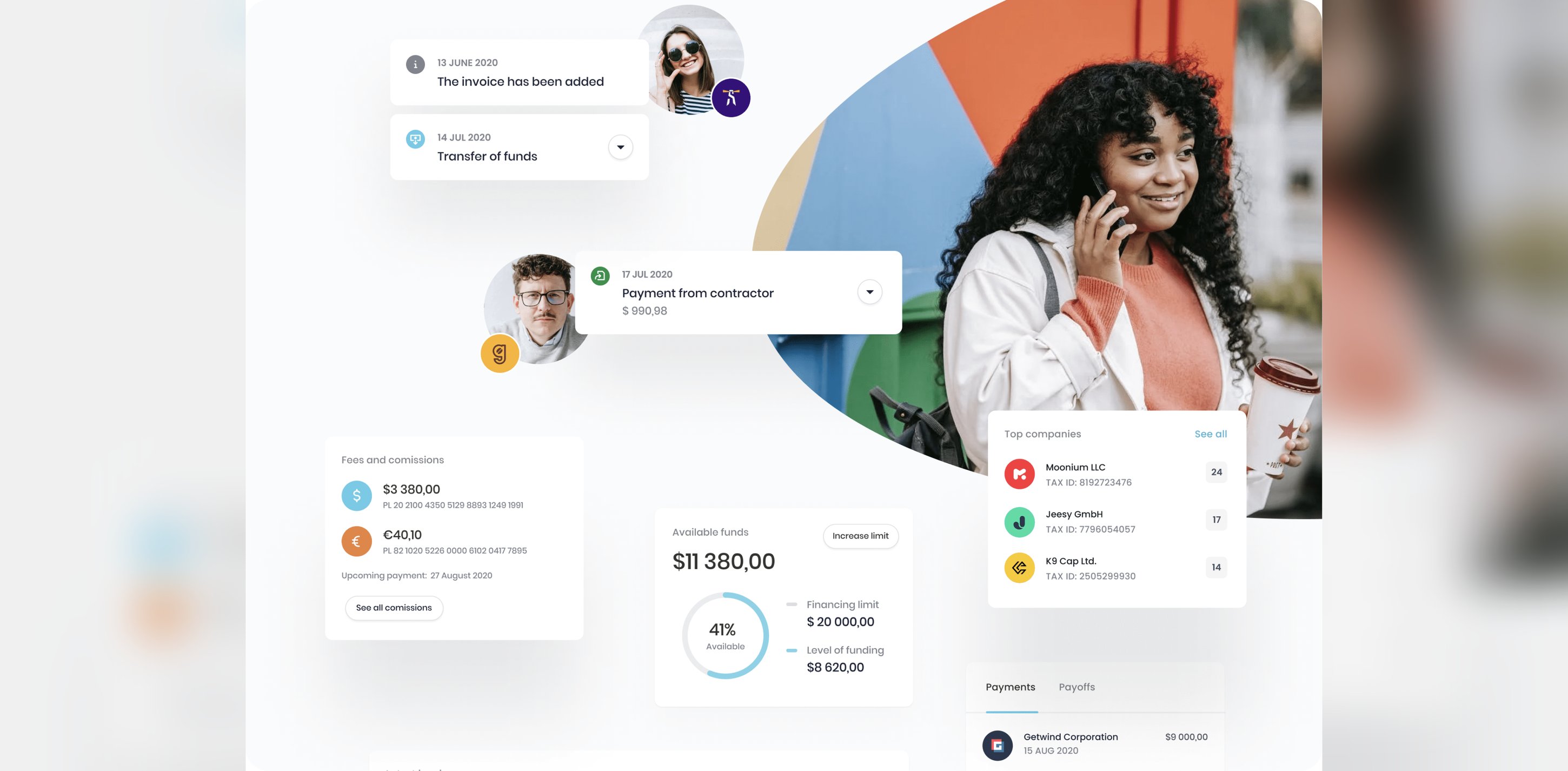 Collage of Faktoria interface cards, notifications, payments, and funding summary, around photos of customers on calls.