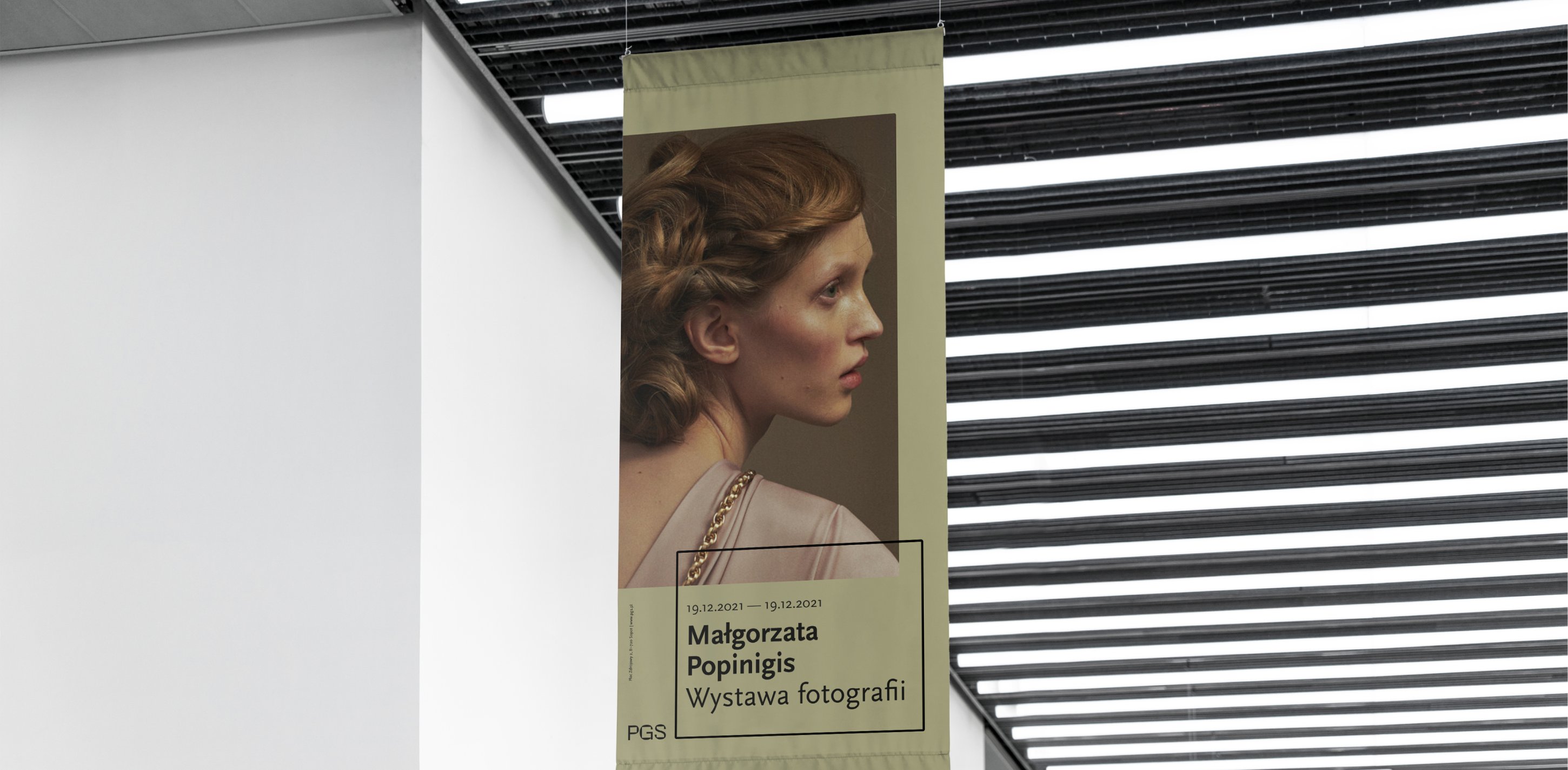 Exhibition banner with the PGS layout hanging in the gallery space.