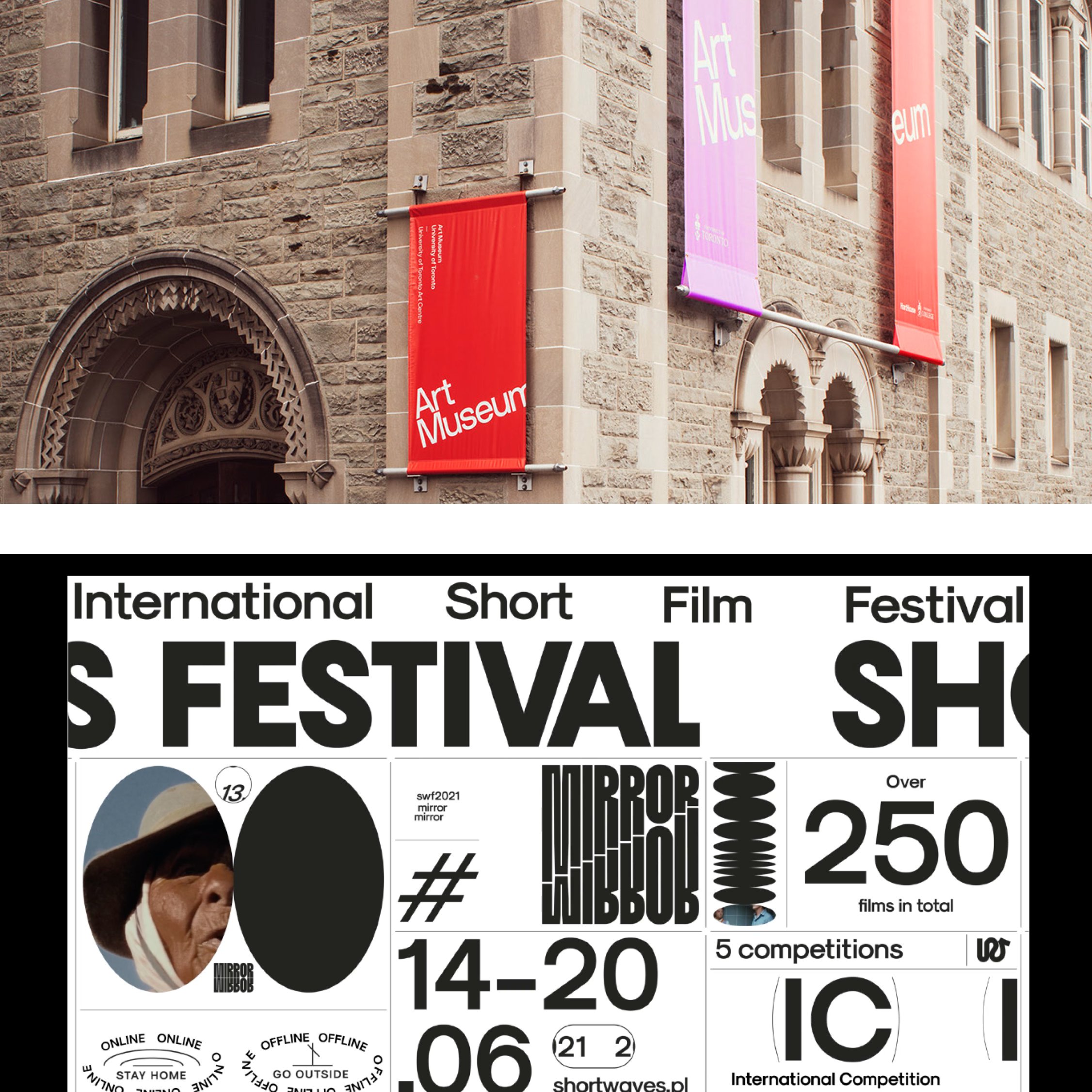 Reference material from a film festival identity with bold typographic posters.