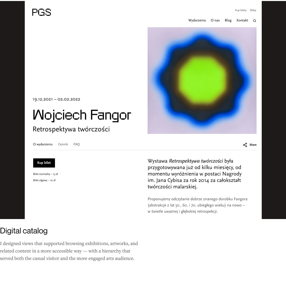 Exhibition detail page for a retrospective, with ticket options and the digital catalog below.