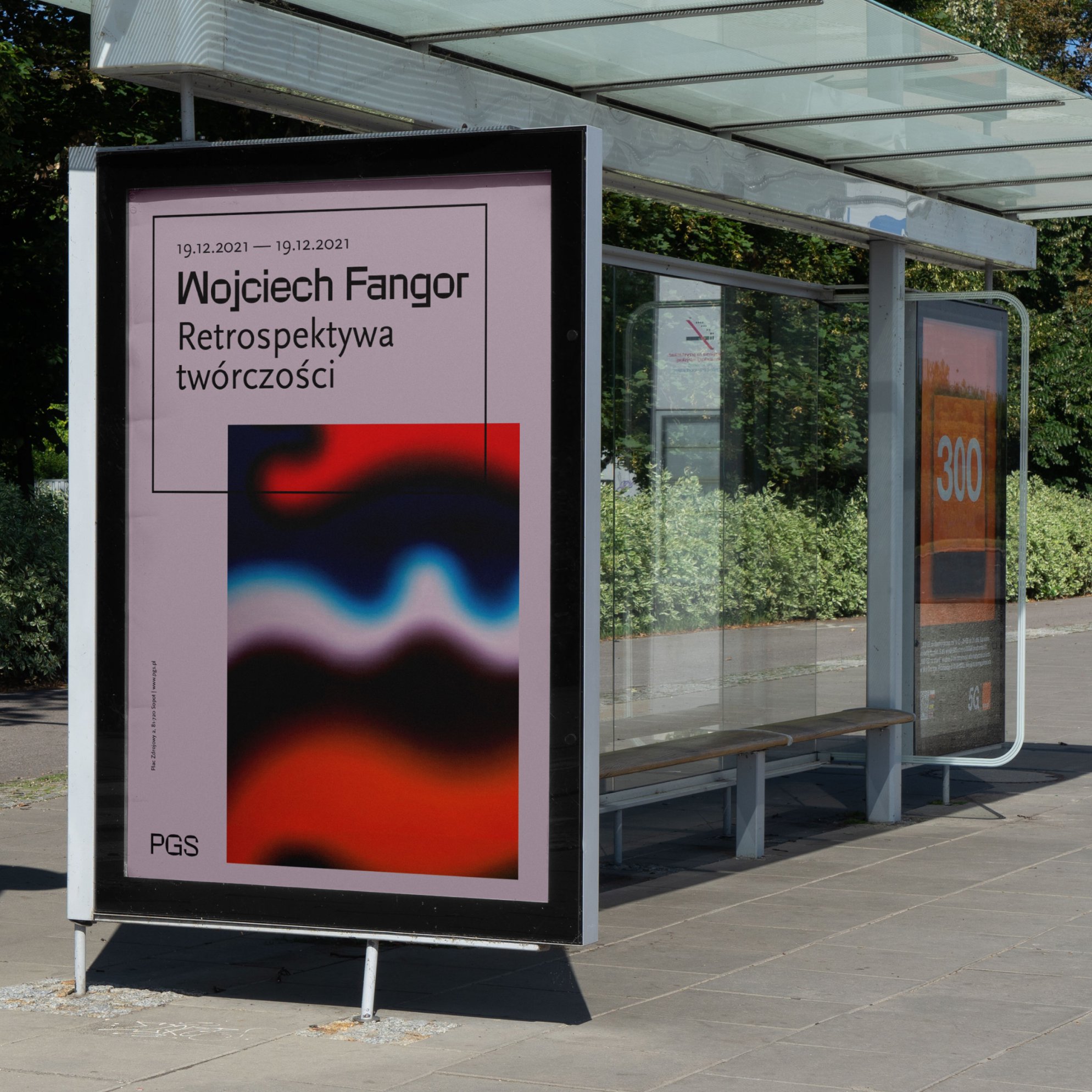 Exhibition poster displayed in a bus shelter citylight.