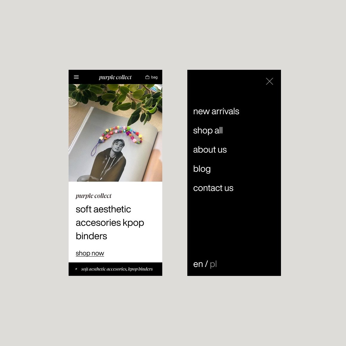 Mobile homepage and menu, serif wordmark next to a product photo.