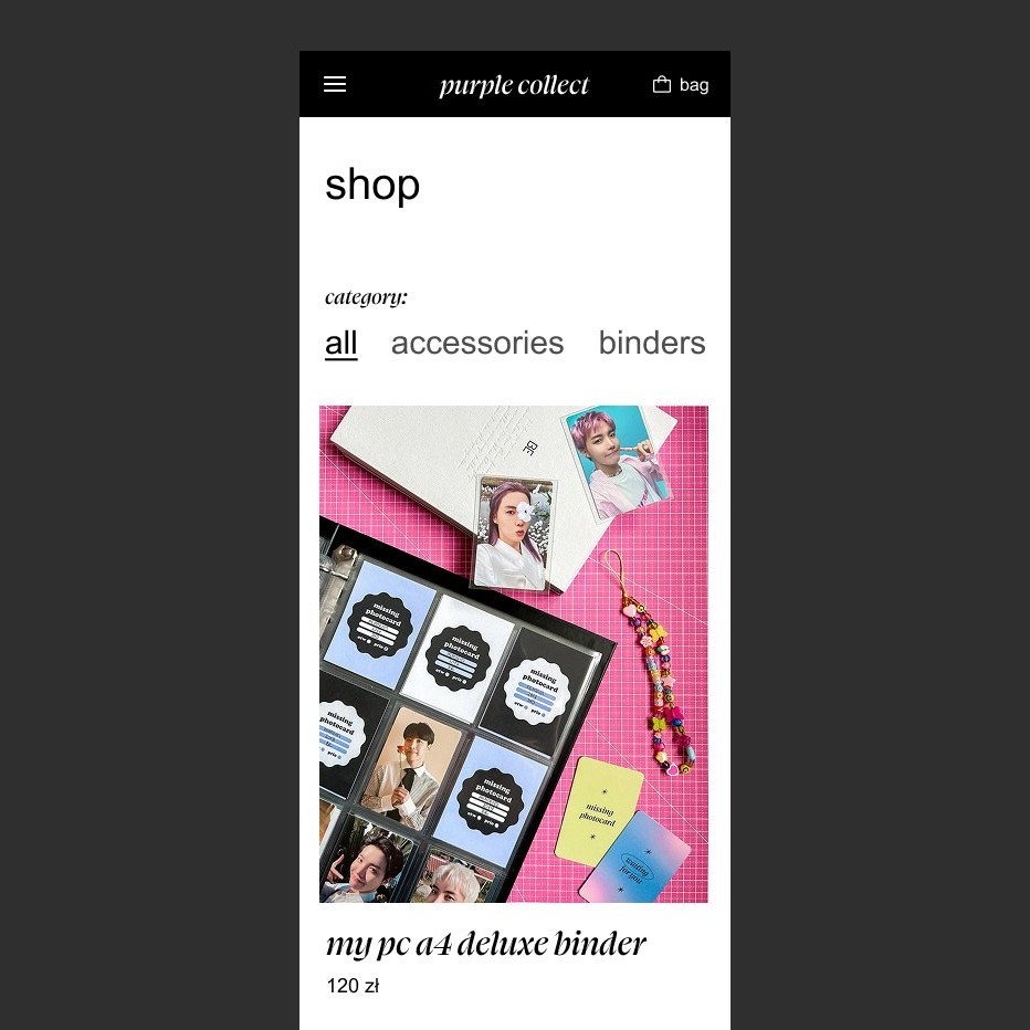Mobile shop view with category filters and a product photo of a photocard binder.