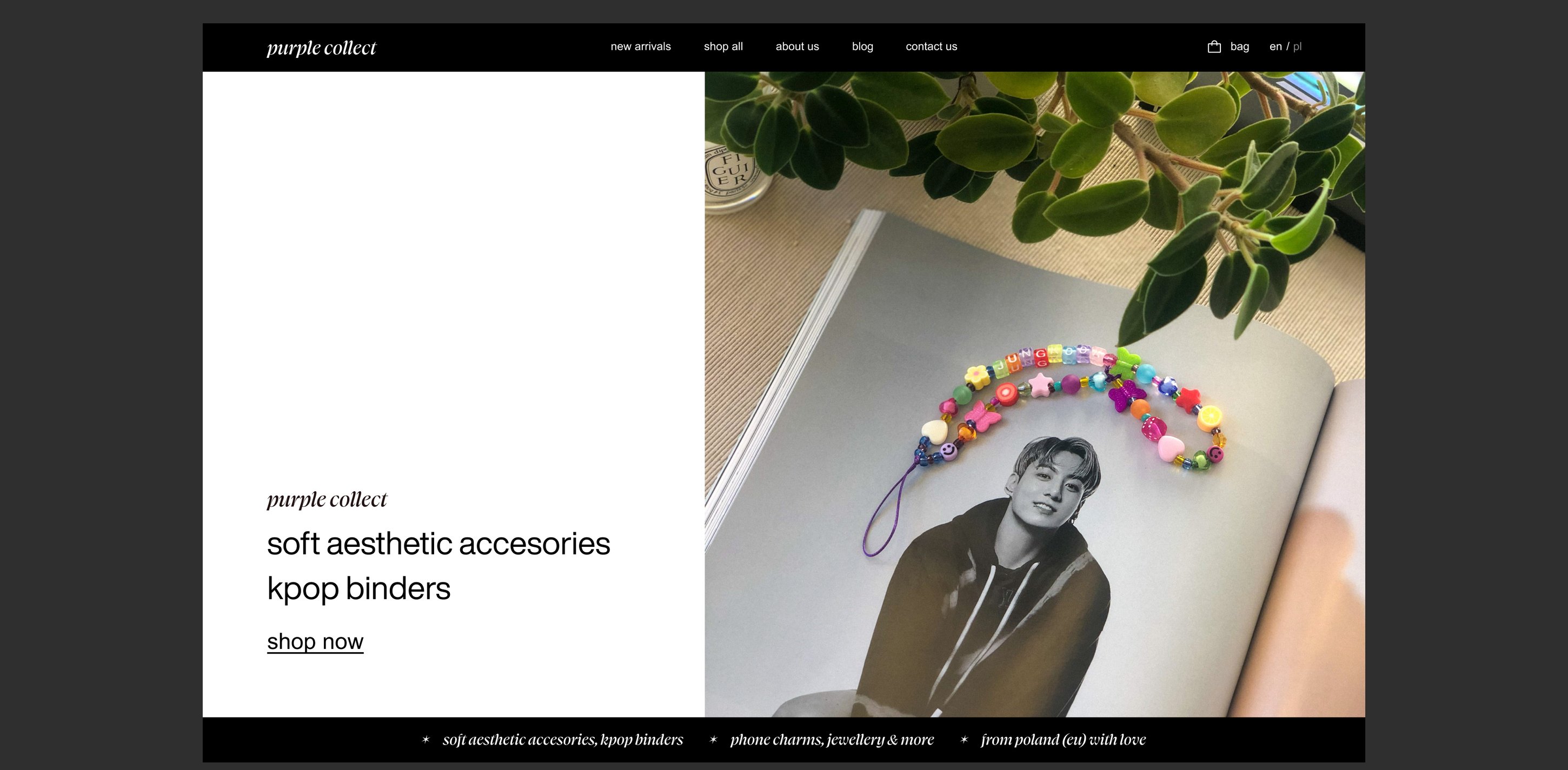 Shop homepage with a photo of a beaded phone strap laid over an open magazine.