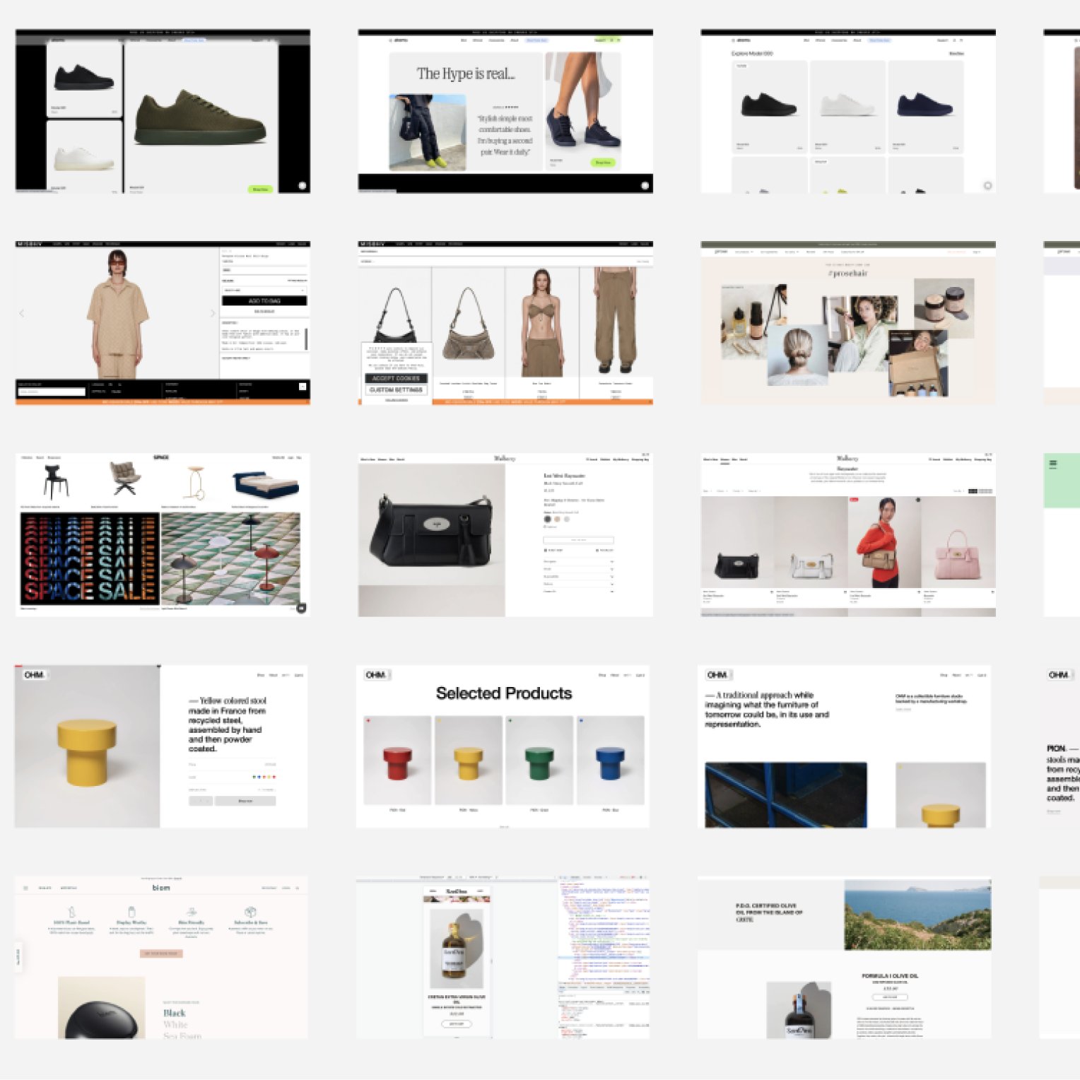 Grid of e-commerce reference screenshots collected during benchmarking.