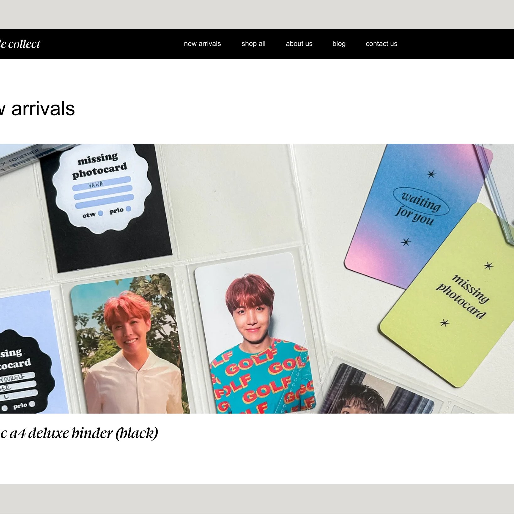 New arrivals page with pastel photocard binders.