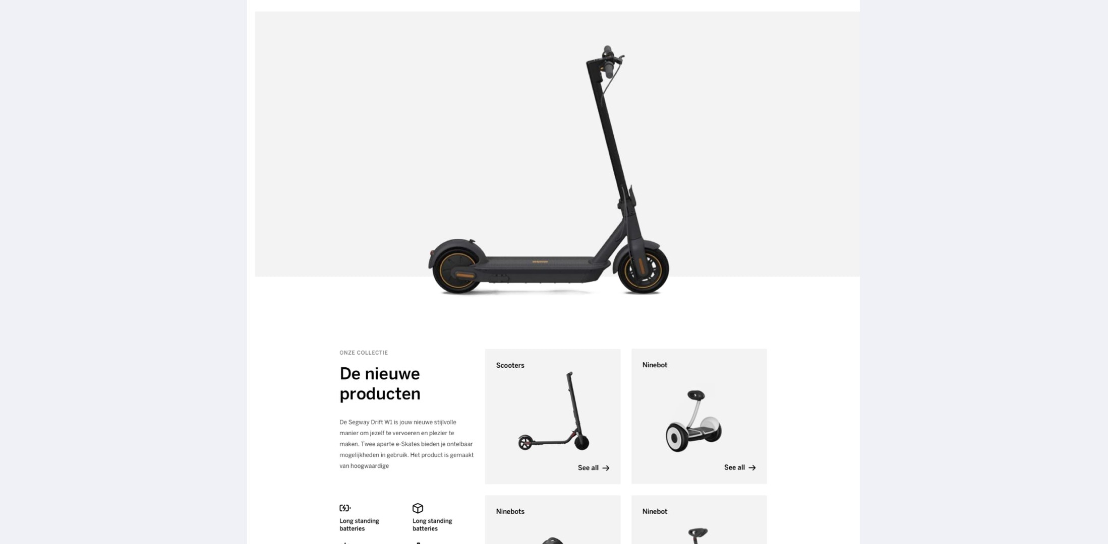 Segway product collection page with an electric scooter and category cards.