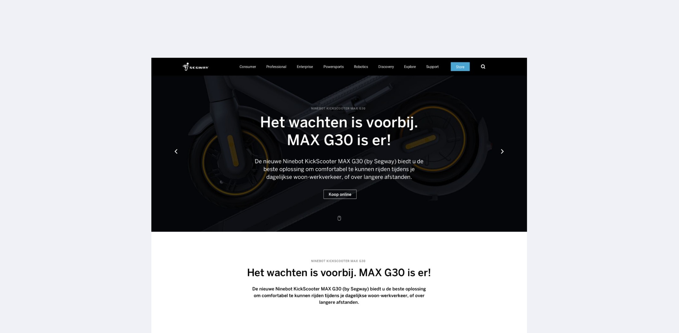 Segway MAX G30 product campaign page with full-screen scooter imagery.