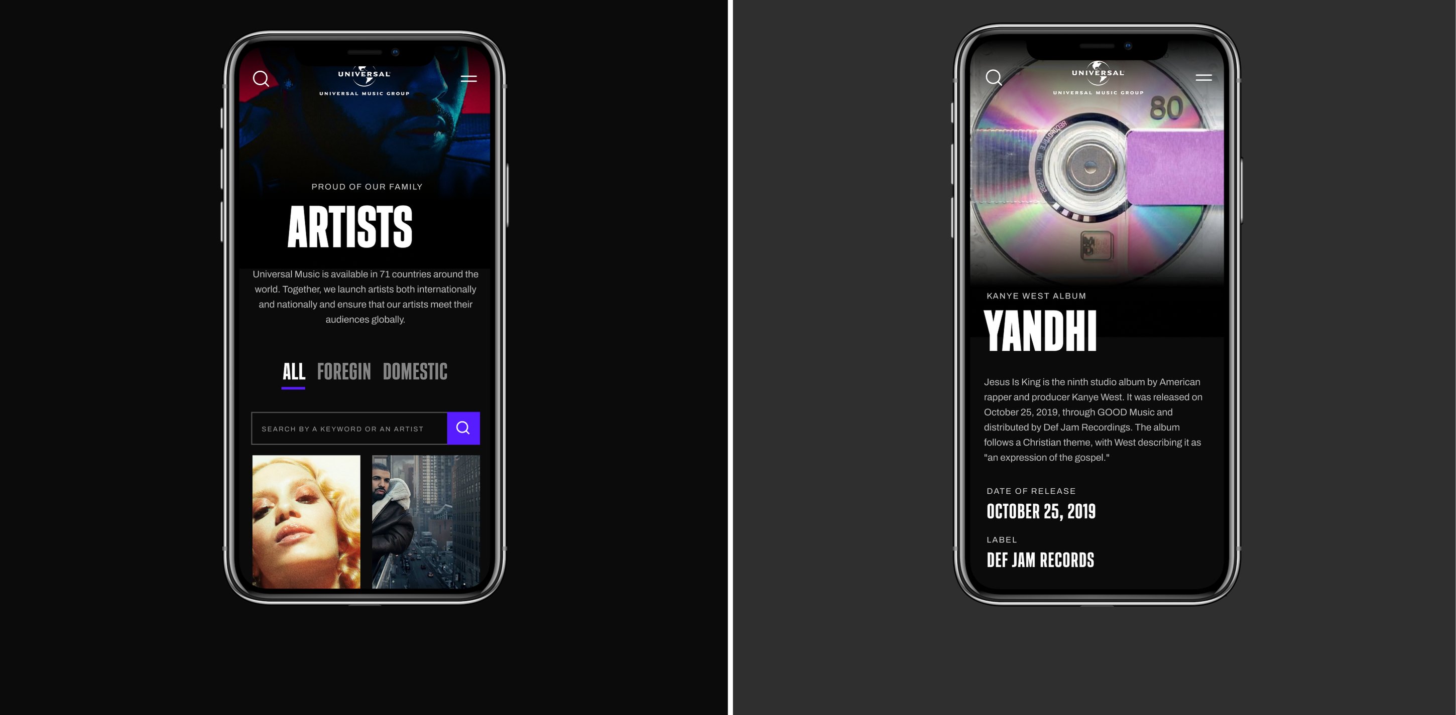 Two phone screens with the artists list and an album release page.