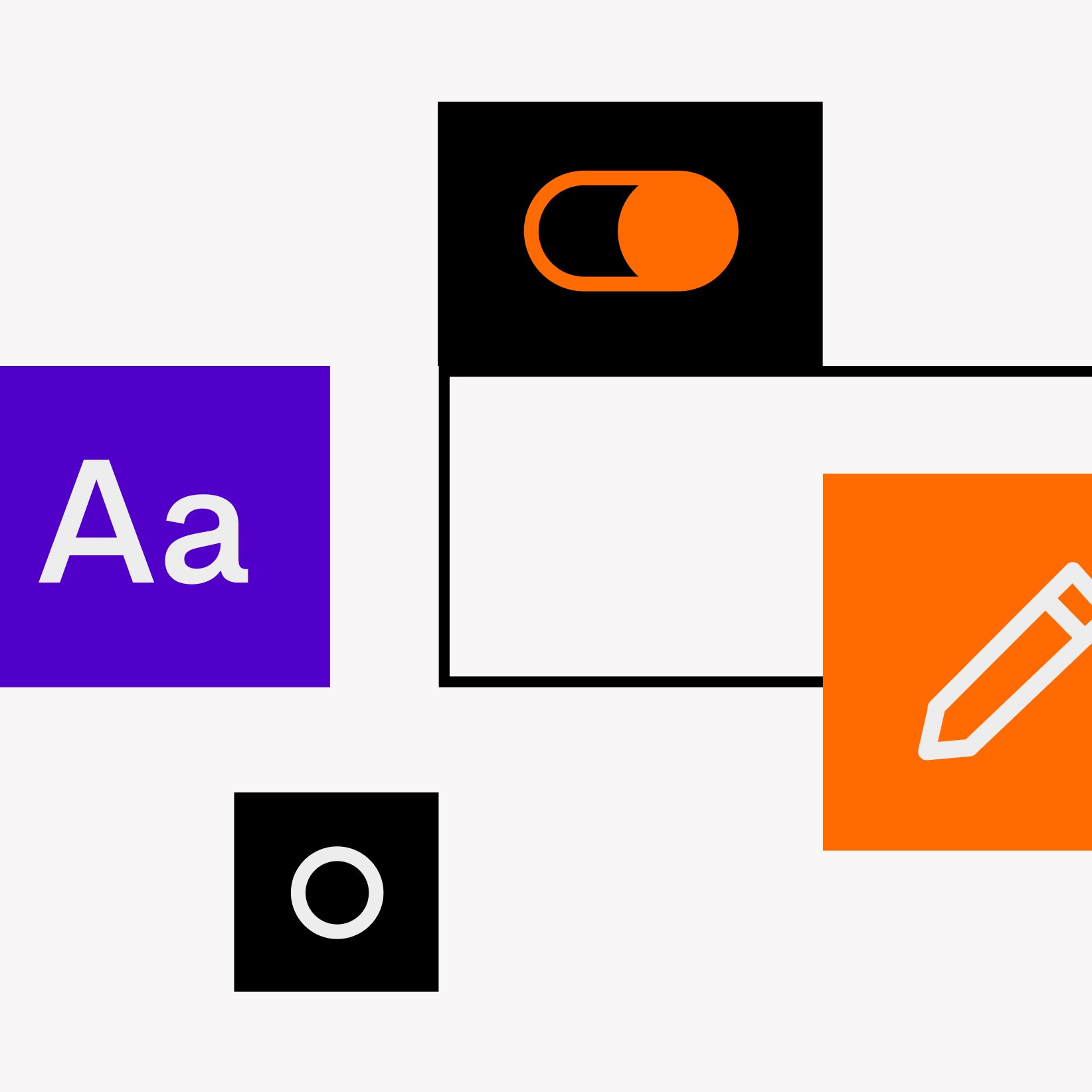 Brand elements, typography sample, toggle, and icon tiles.
