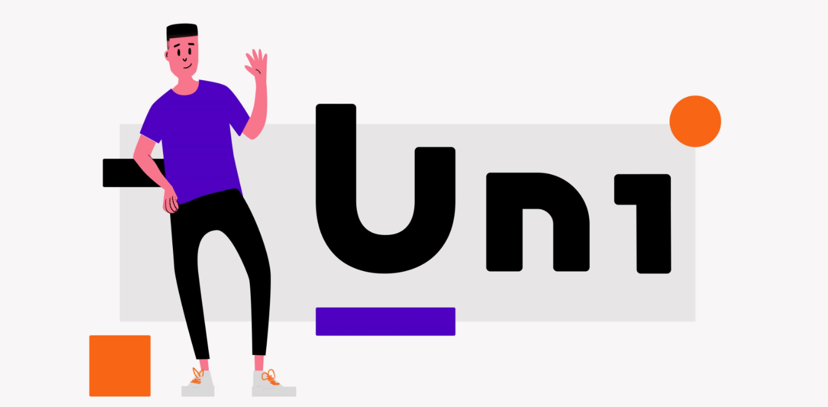 Uni wordmark with an illustrated student waving next to the logotype.