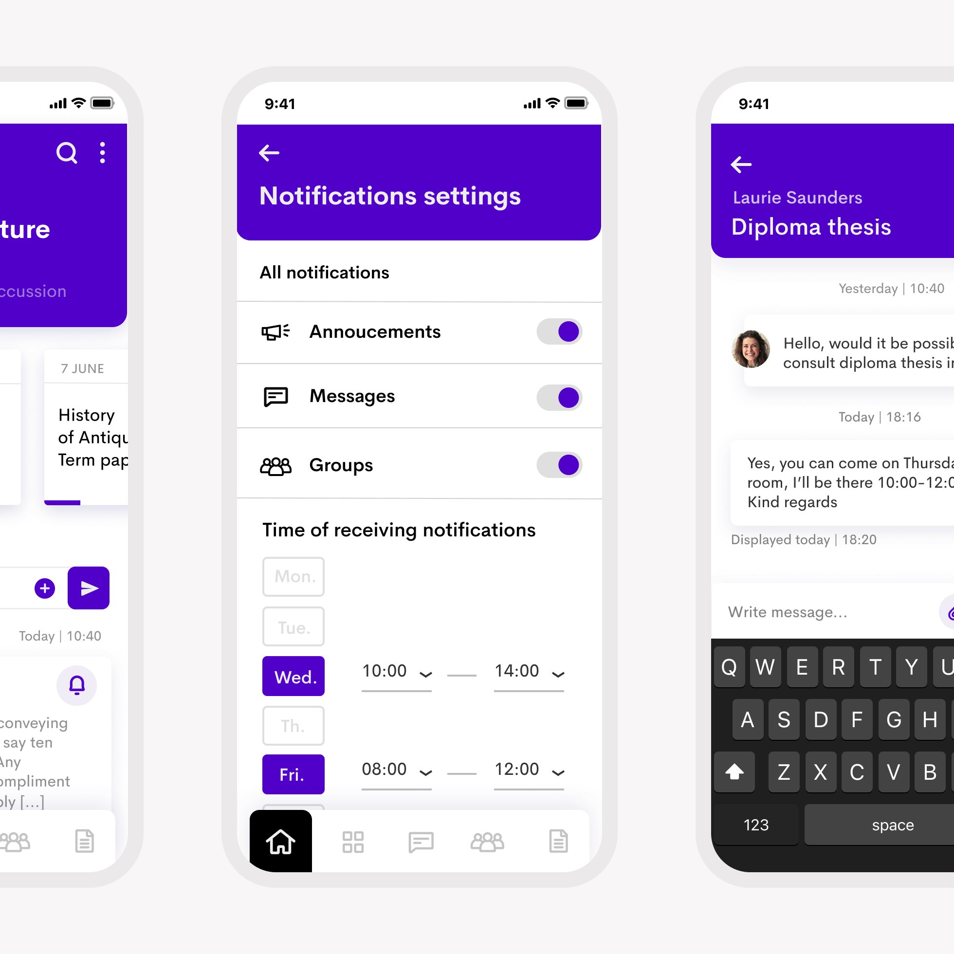 Three app screens with course details and notification settings.