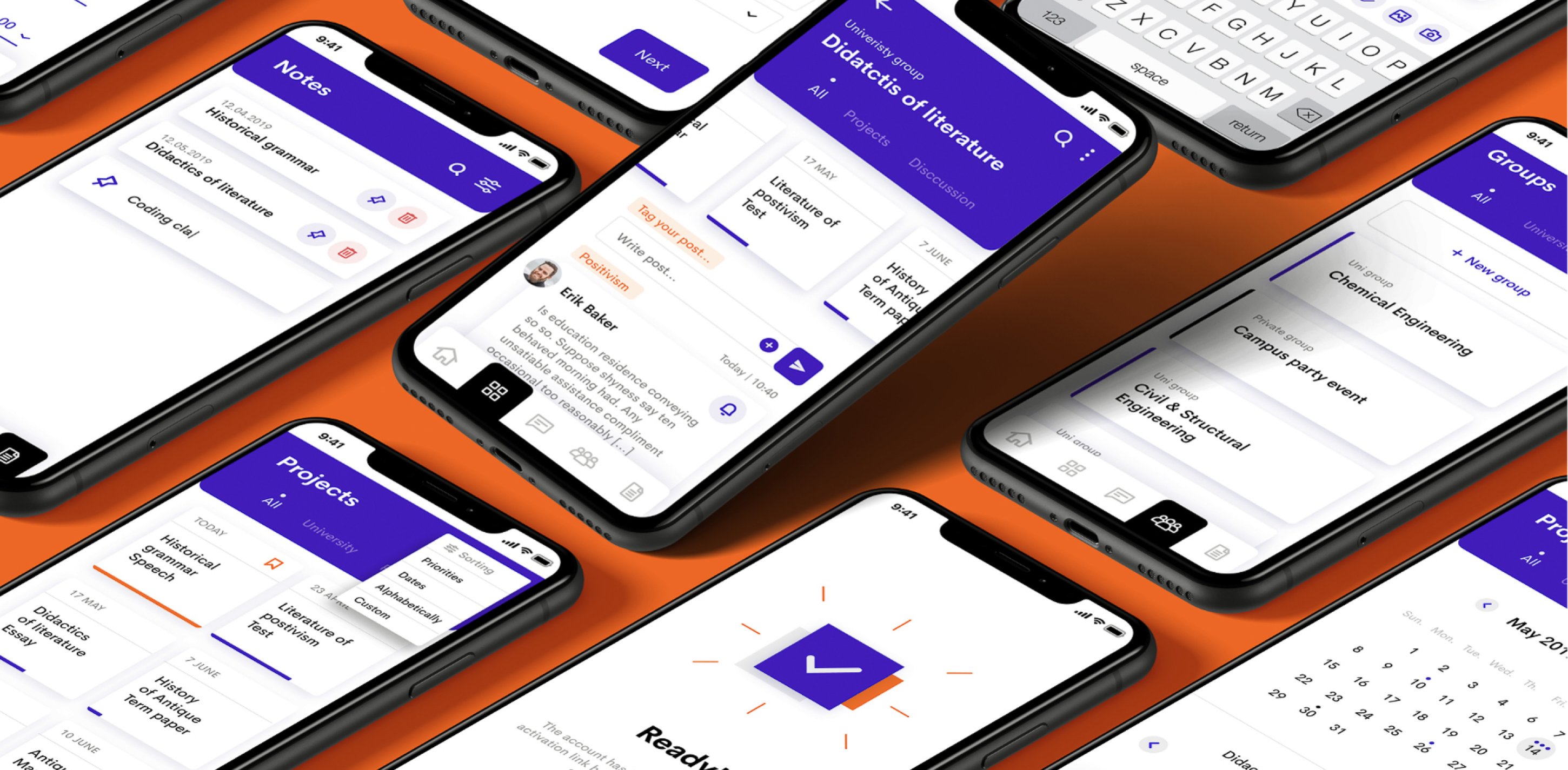 Grid of app screens laid out diagonally on an orange background.