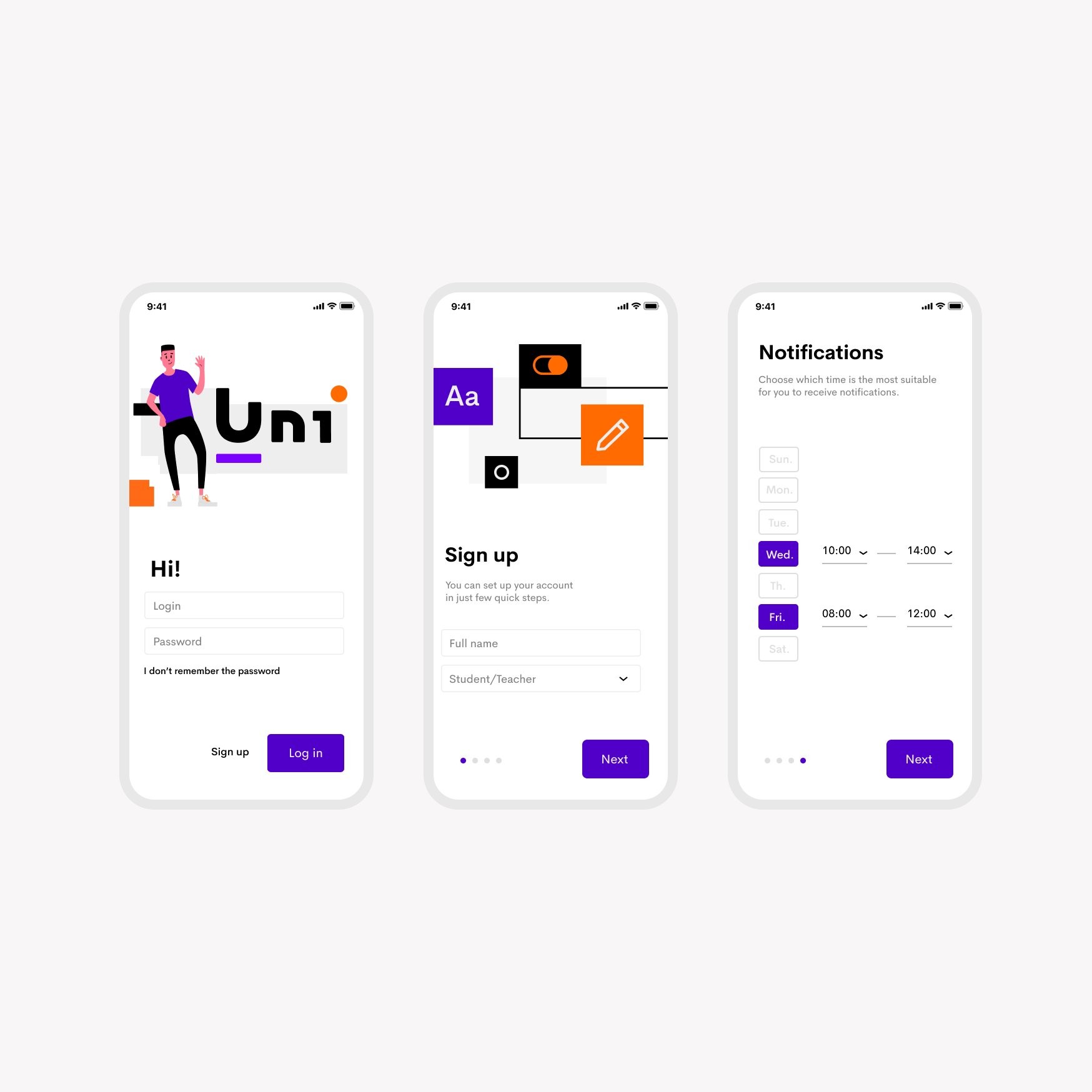 Three onboarding screens, from sign-up through notification preferences.