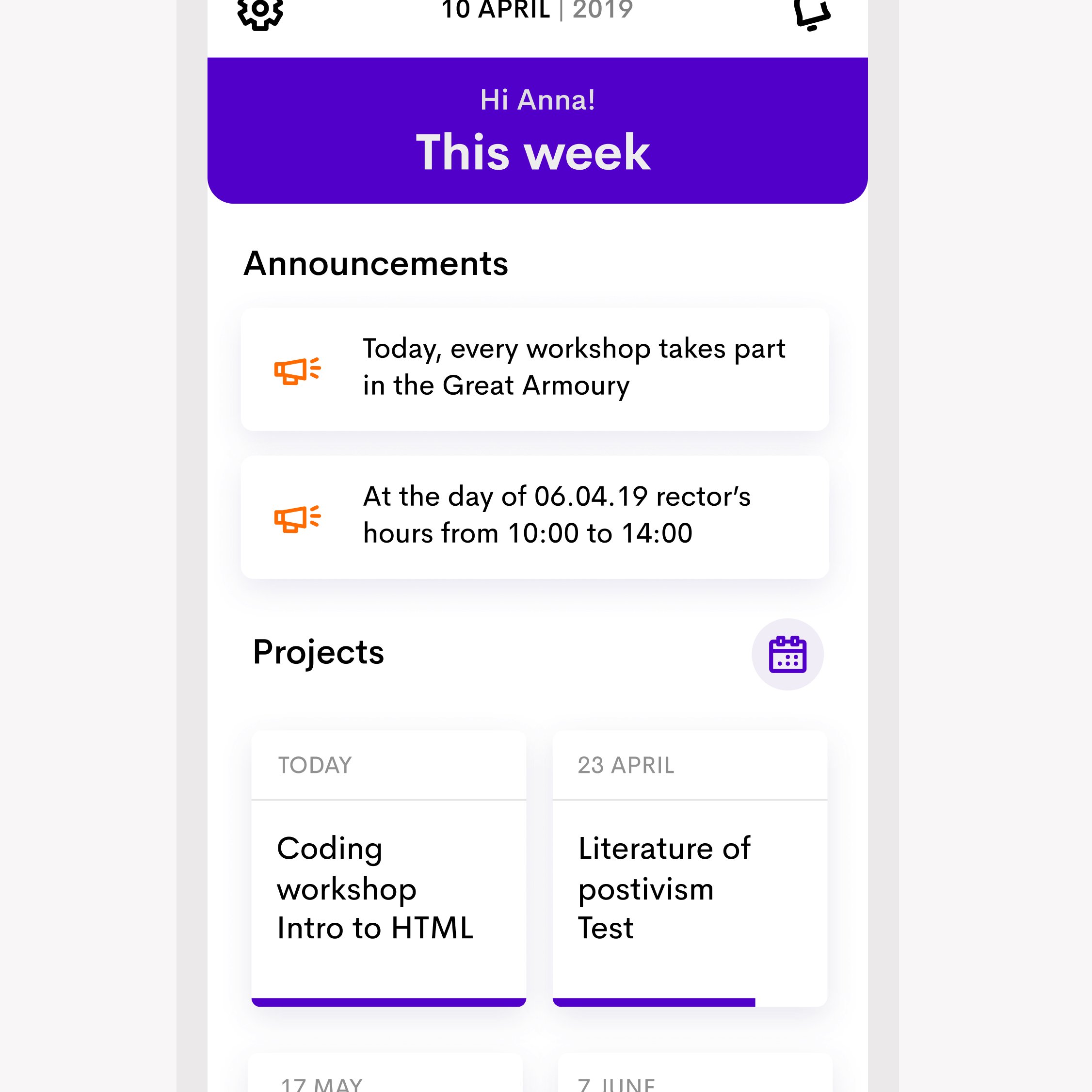 Dashboard screen with this week's announcements and upcoming projects.