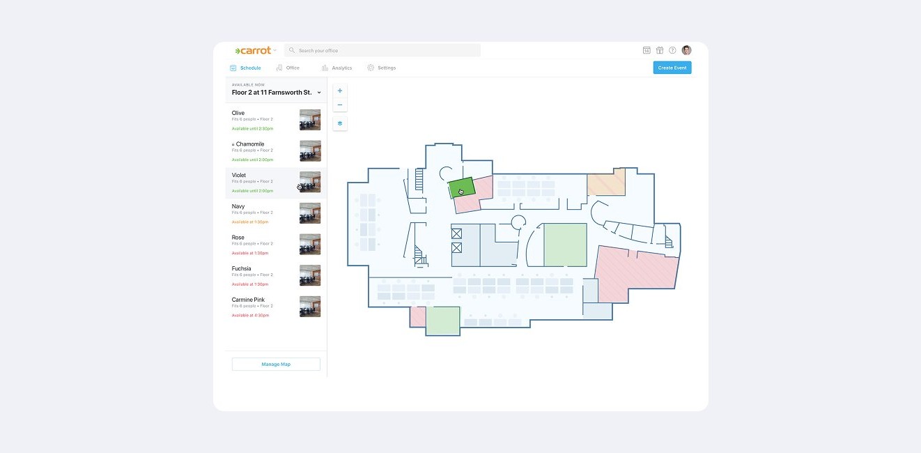 Booking interface next to a color-coded floor plan of a WeWork location used during research analysis.