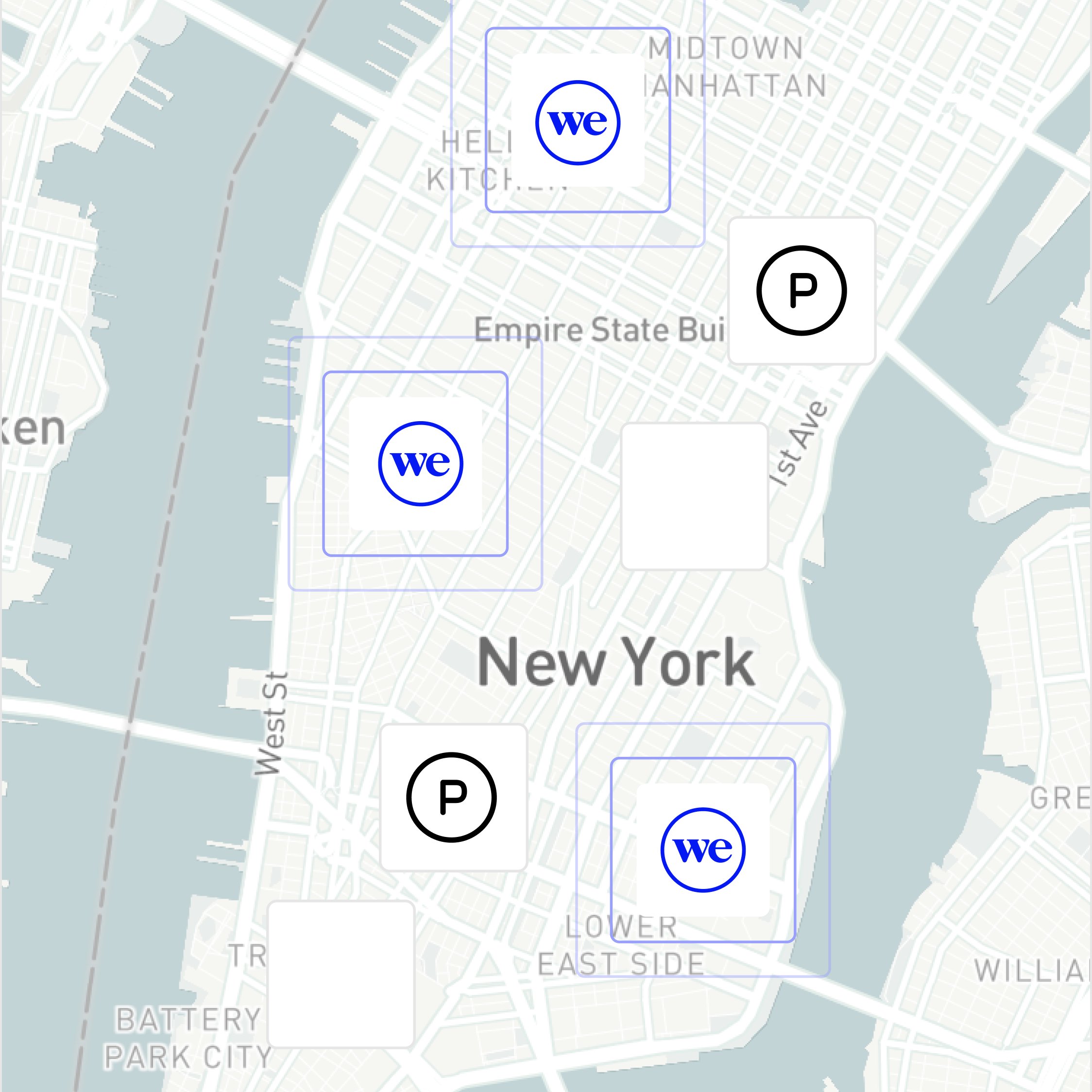 Map view of New York with WeWork locations and nearby amenities marked.