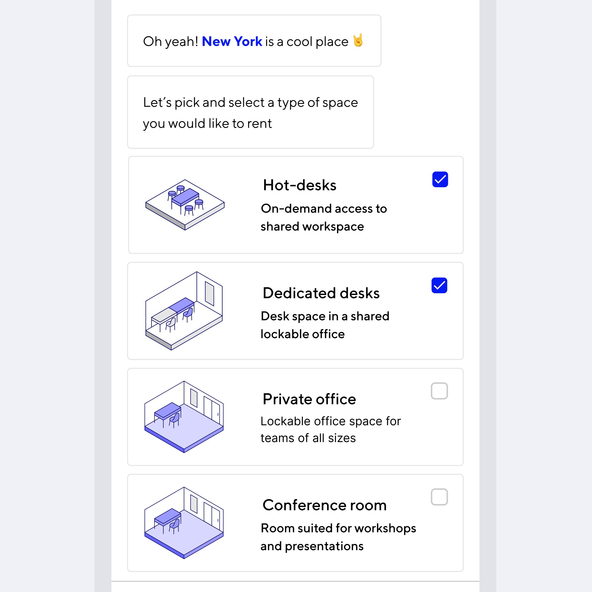 Onboarding screen where a user picks the type of space to rent, from hot desks to conference rooms.